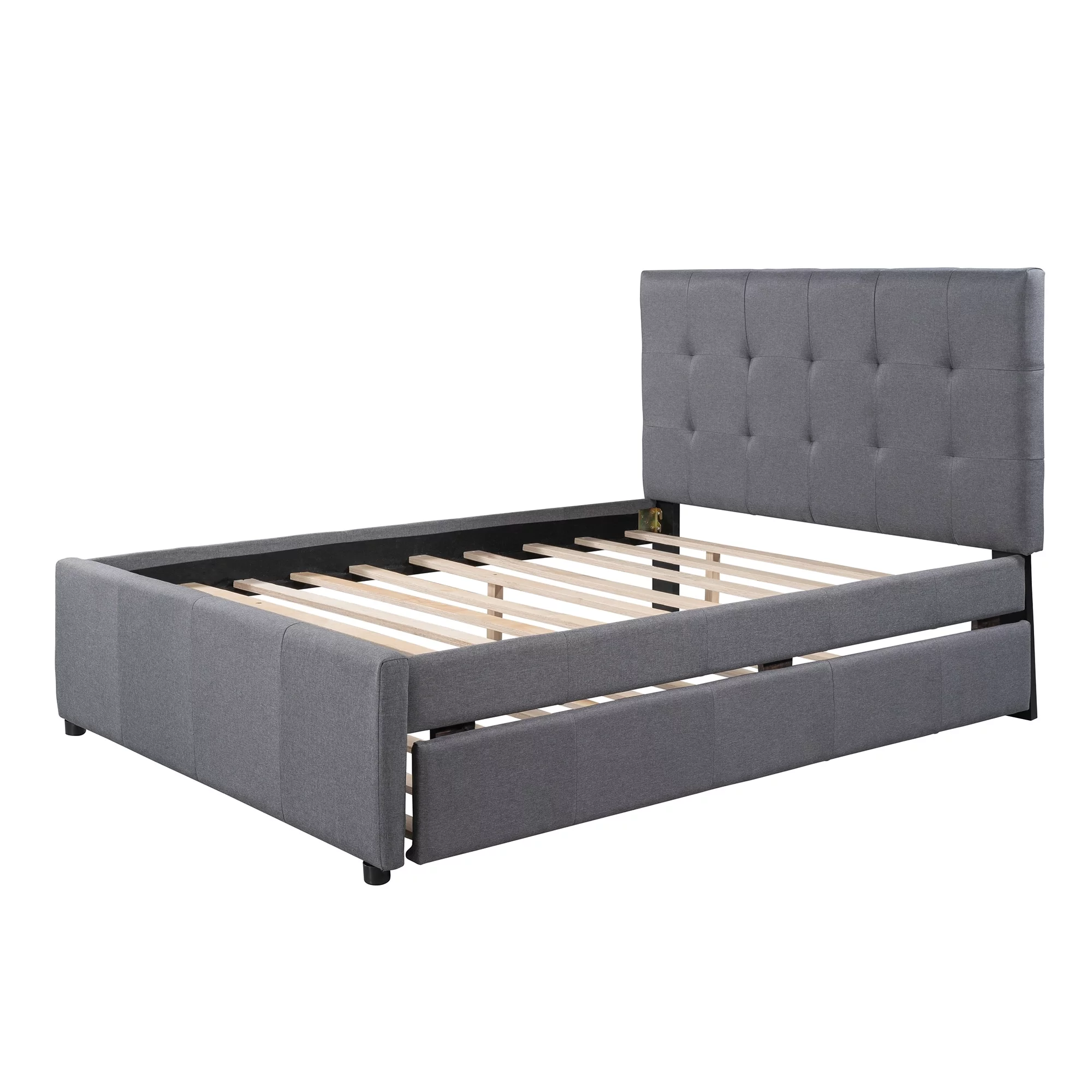 Gray Linen Upholstered Platform Bed With Headboard and Built-in Underside Sliding Trundle, Ergonomically Designed, Full, Gray