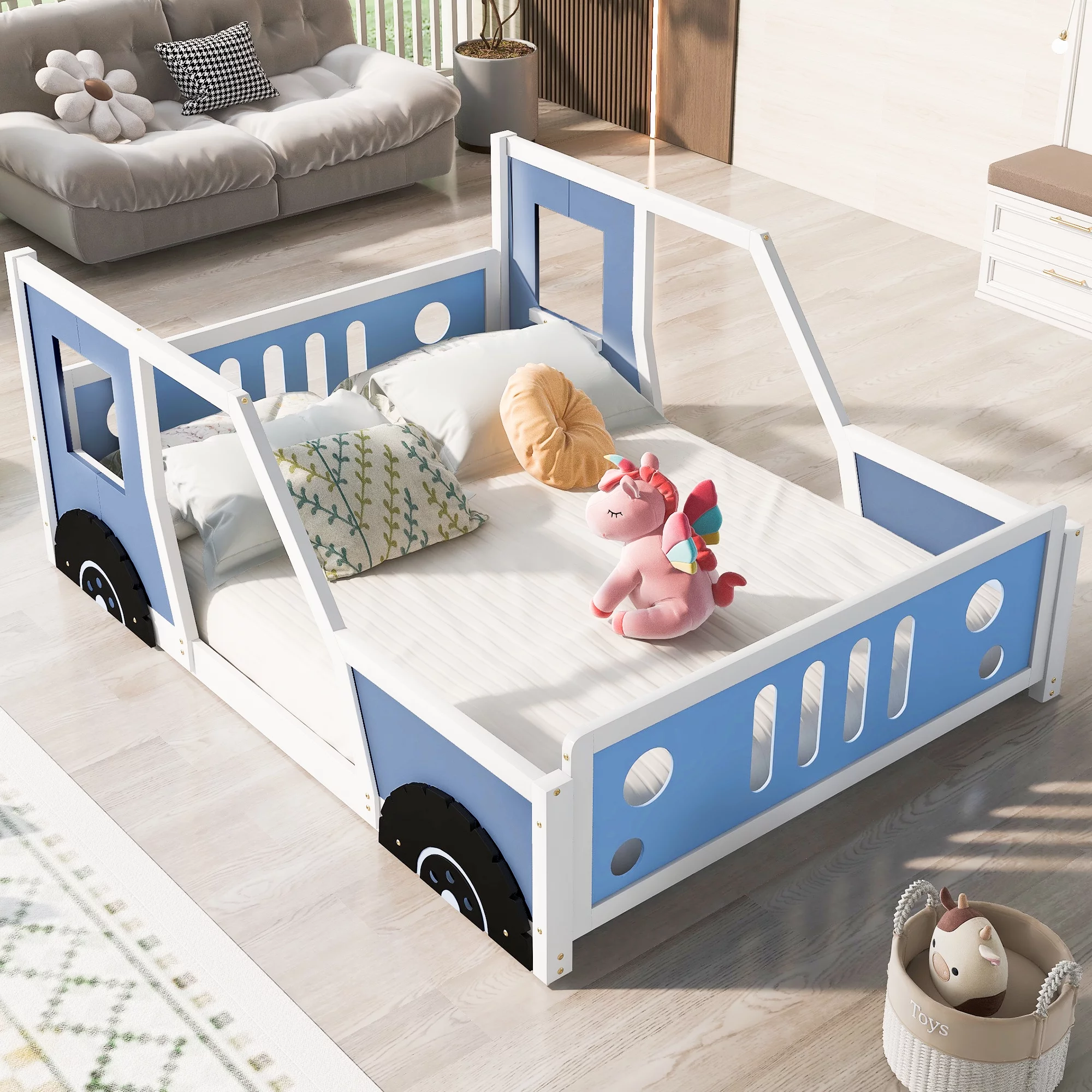Car Bed with Wheels for Teens Full Size, Bed for Kids with Pine Wood Roof and Fence, Suitable for Young Children, Children, Easy to Assemble(Blue, Full)