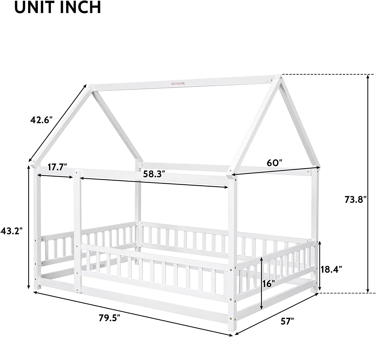 House Bed Full Size Montessori Floor Bed Frame With Roof And Fence, Box Spring Needed, For Kids Teens Girls Boys (White)