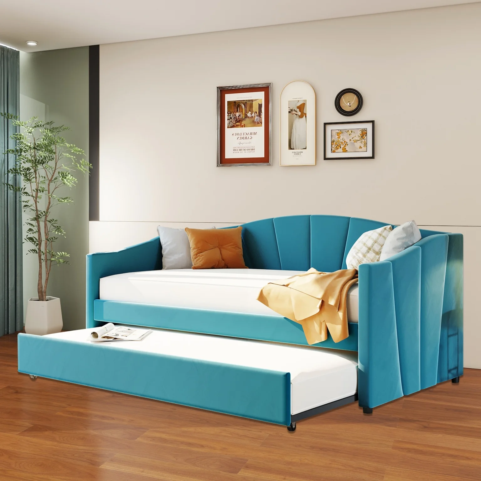 Upholstered Twin Size Daybed with Trundle,Wooden Bedframe w/ 9 Pcs Wood Slat Support & Sofa Bed Design,Perfect for Bedroom,Livingroom,Guestroom Furniture,No Box Spring Needed, Blue