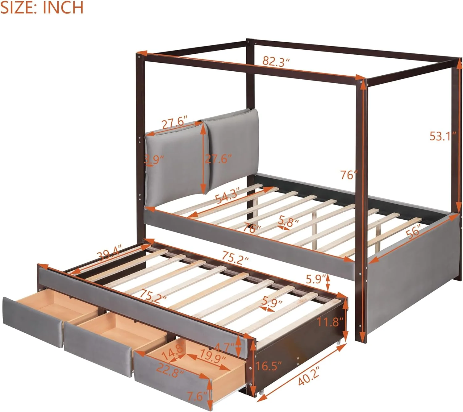 Full Size Caopy Bed Frame Wih Headboard, Wood Upholsered Full Plaform Bed Wih rudle Ad Sorage Drawers For Kids ees Aduls, o Box Sprig eeded,Grey
