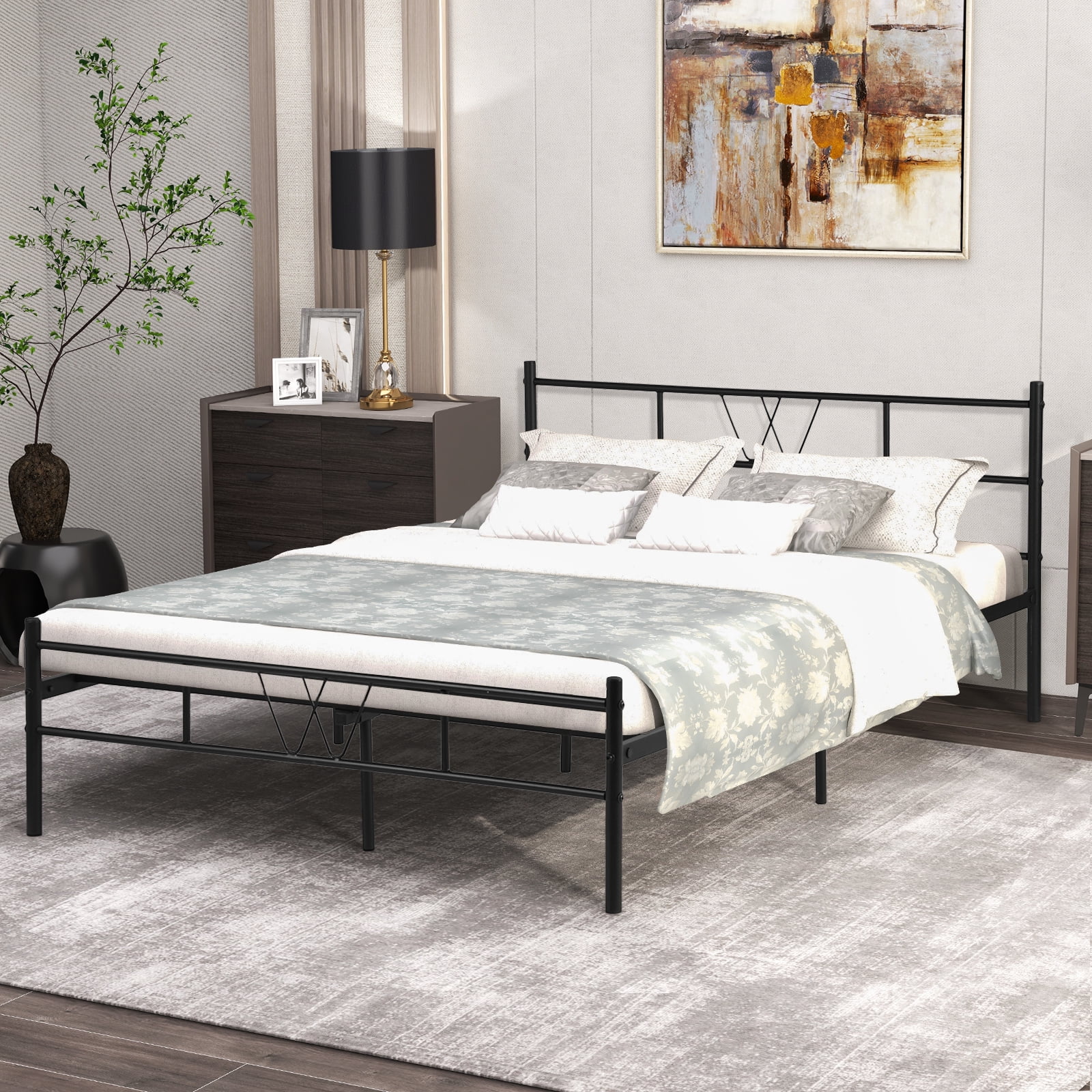 King Size Bed Frame Platform With headboard , Black Heavy Duty Metal Bed Frame with Under Bed Storage Space