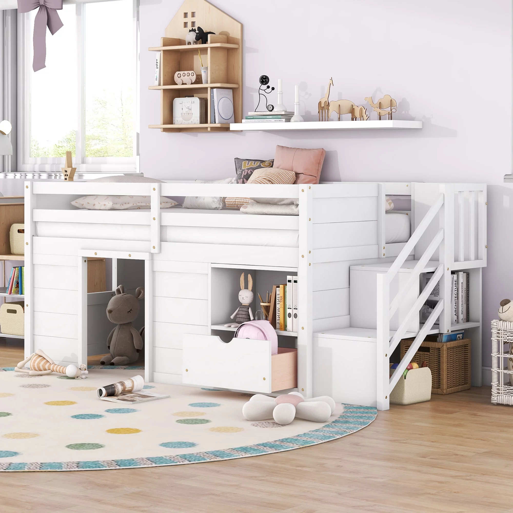 Bellemave Low Loft Bed with Storage, Wooden Twin Size Loft Bed Frame with Stairs, Kids Loft Bed with Shelf and Drawer for Girls Boys (White)