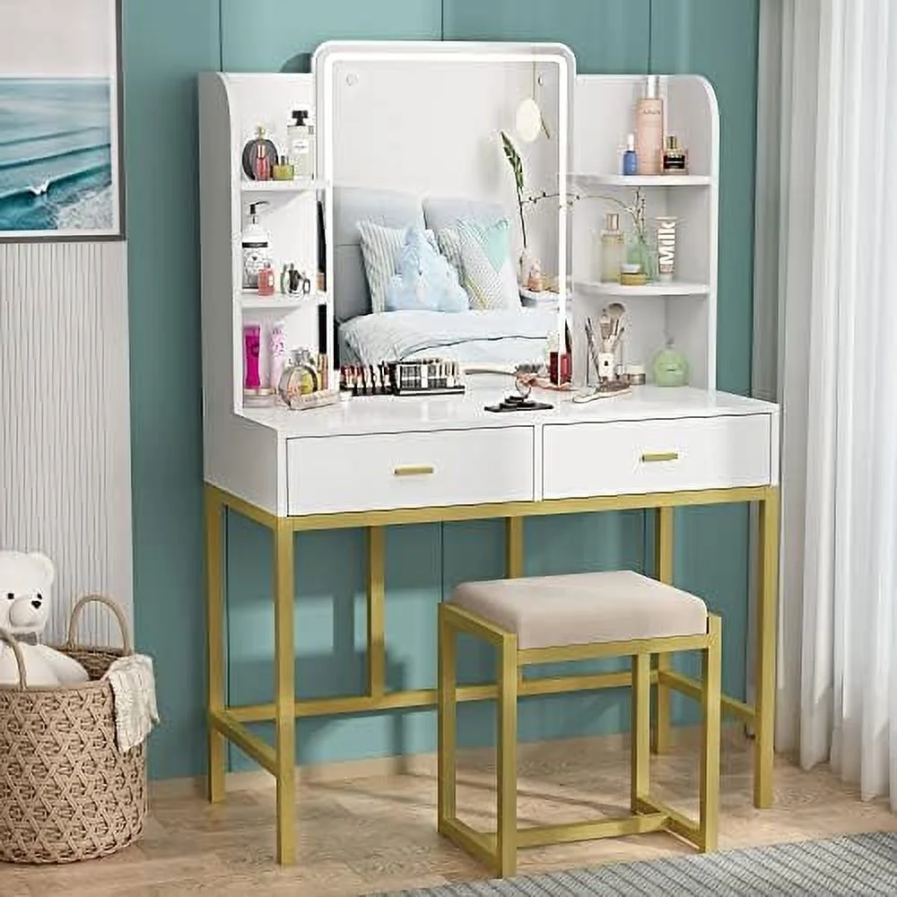 NLIBOOMLife Vanity Set with Lighted Mirror Vanity Dressing Table with LED Lights Shelves Cushioned Stool & 2 Drawers Dresser Desk for Bedroom Gold-White