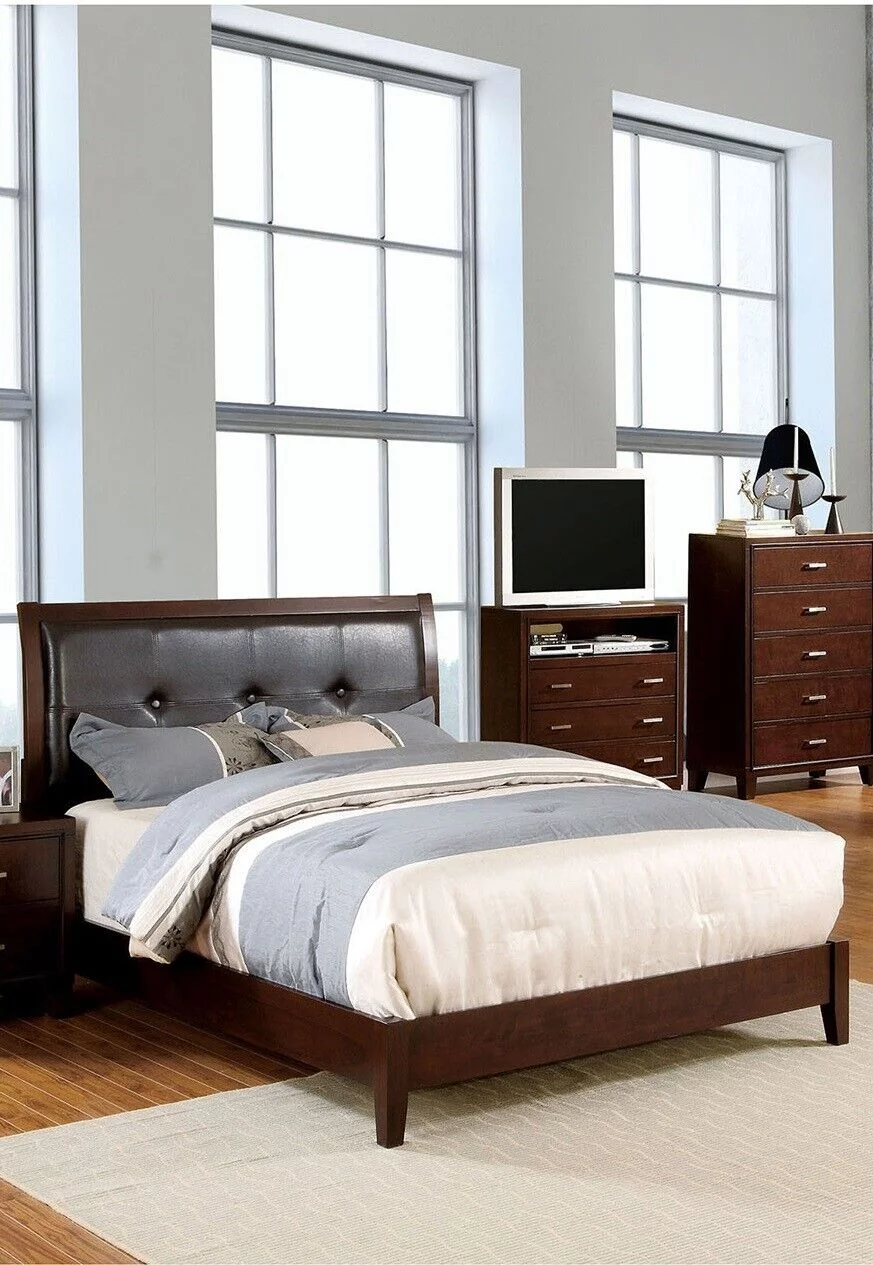1pc Full Size Bed Brown Cherry Solidwood Tufted Upholstered Headboard Leahterette Contemporary Bedroom Furniture