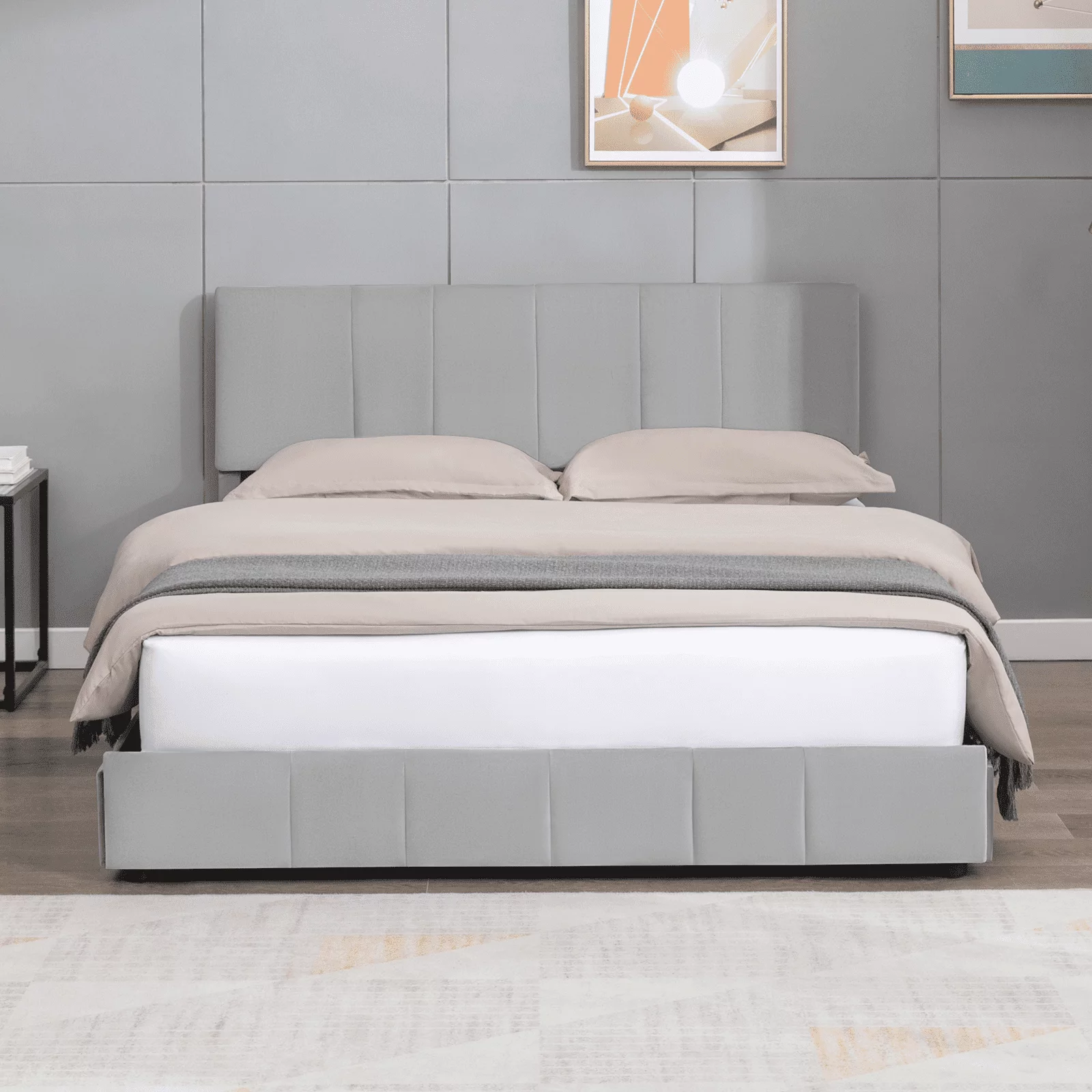Mixoy Modern Queen Size Platform Bed Frame with 4 Large Storage Drawers and Adjustble Headboard, Wooden Frame , Light Gray Dutch Velvet Fabric