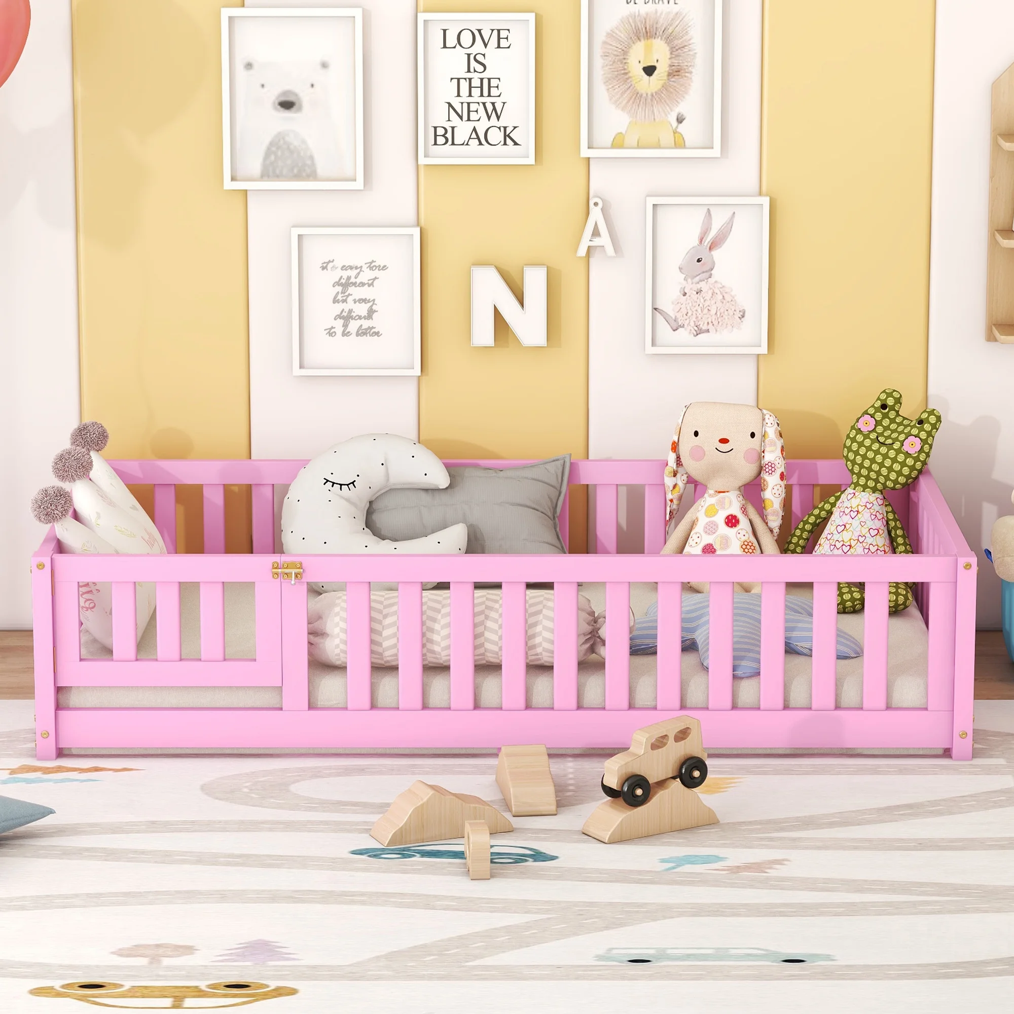 Twin Size Bed Floor Bed with Safety Guardrails and Door for Kids, Pink (Expect Arrival Date Nov.20th)