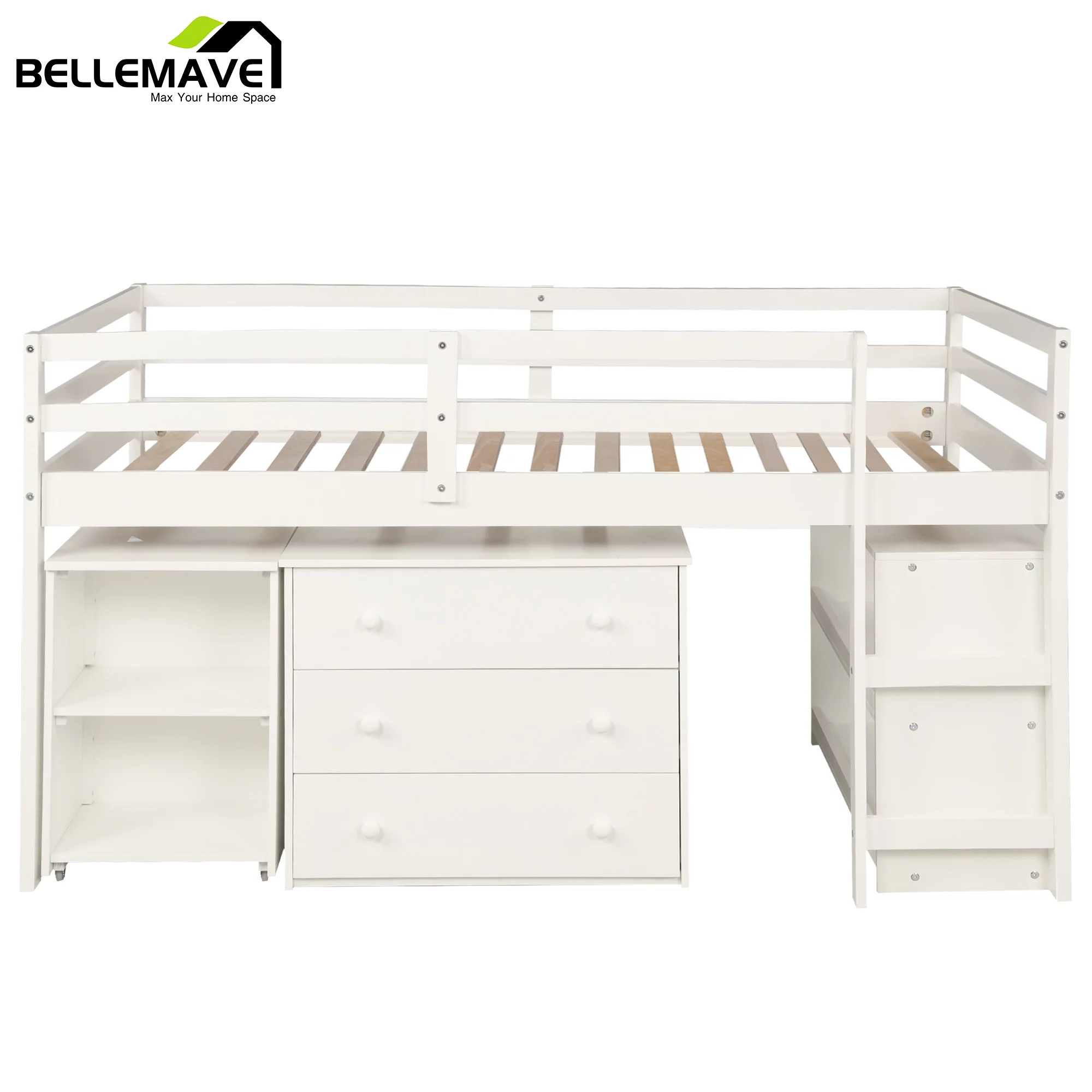 Bellemave White Twin Size Loft Bed with Rolling Portable Desk, Drawers and Bookshelves for Kids Child Teen, Versatile Wood Frame Kids Loft Bed with Desk and Storage for Bedroom