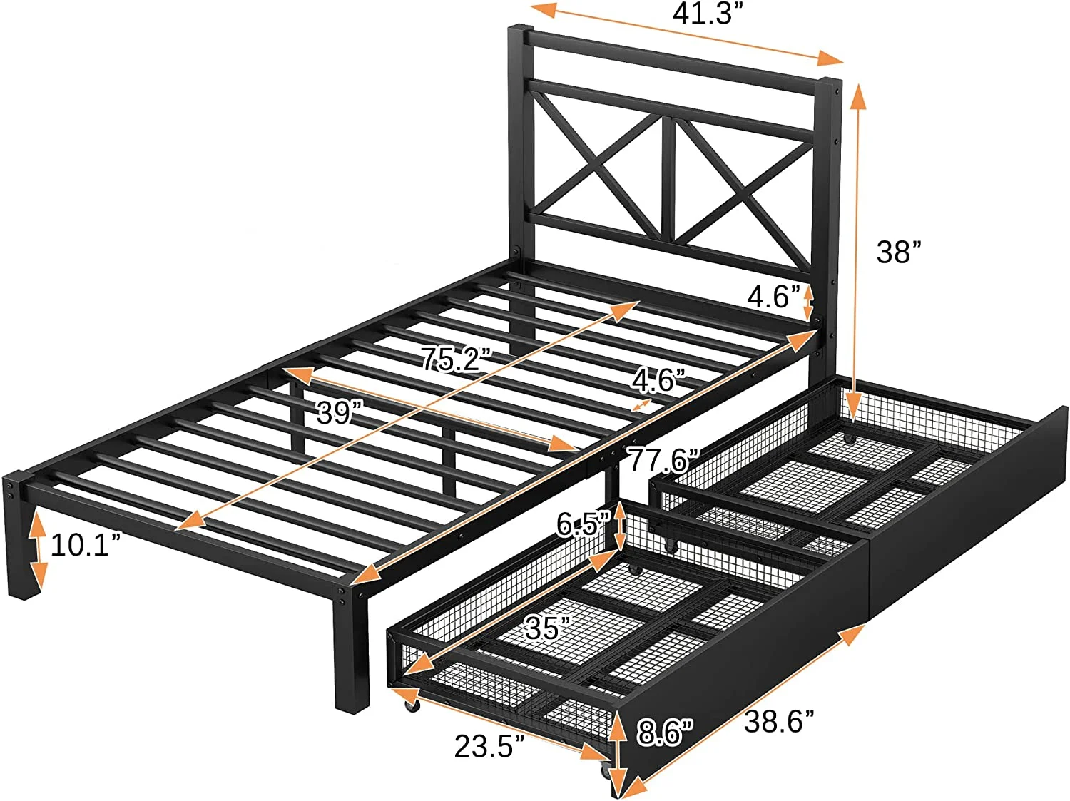 Size Metal Platform Bed With 2 Storage Drawers, Size Platform Beds With Metal Headboard, Moder Metal Bed For Boys, Girls & Tees, o Box Sprig eeded (Metal Black)