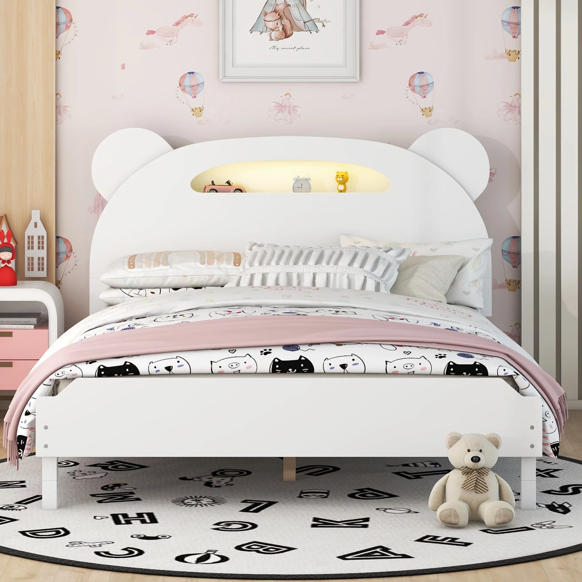 iRerts Kids Full Bed Frame, Wood Full Size Platform Bed Frame with Bear-shaped Headboard, Motion Activated Night Lights, Full Bed Frames for Girls Boys Bedroom, No Box Spring Needed, White