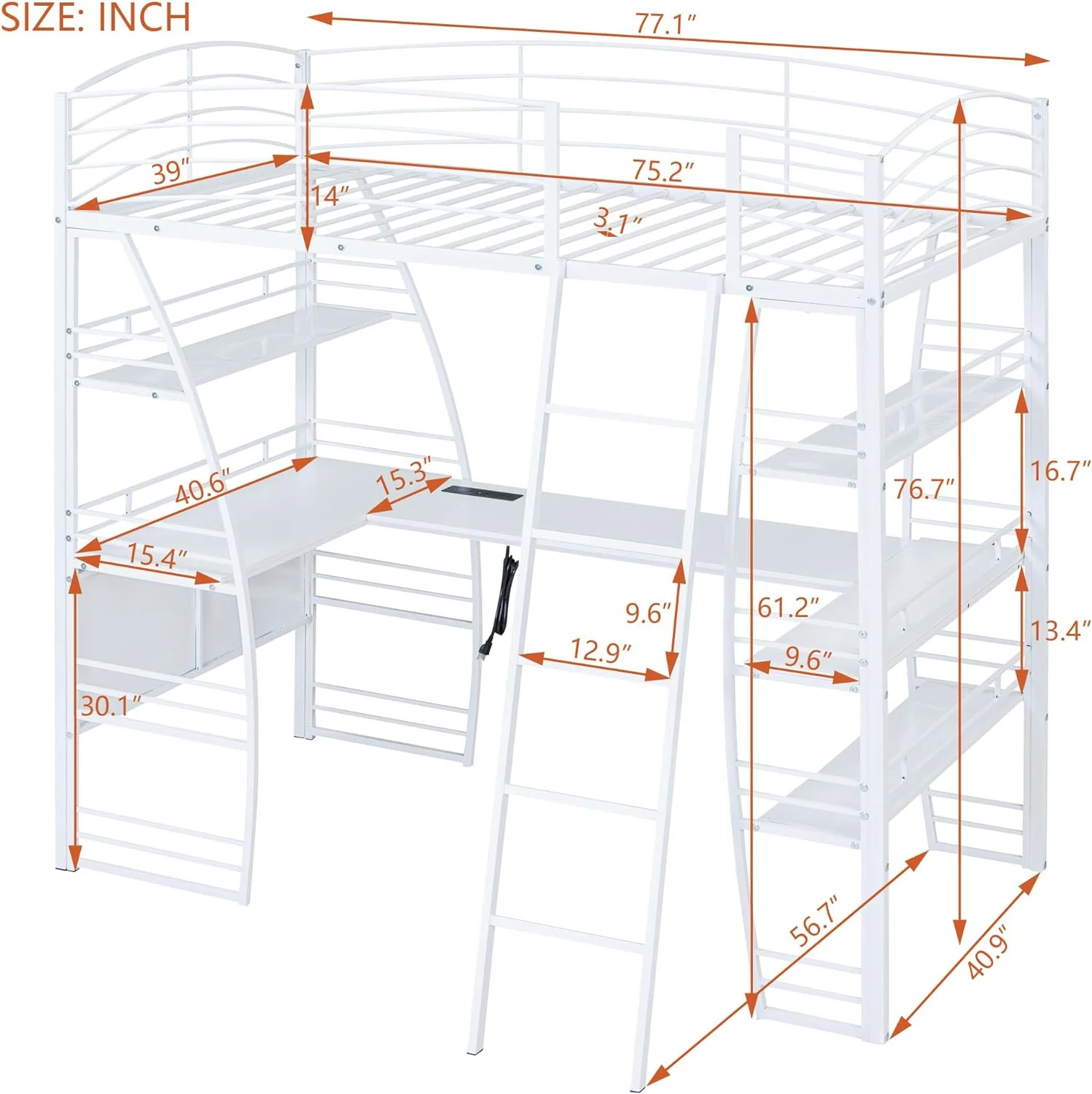 QCAI Loft Bunk Bed Loft Bed with Desk and Bookcase with Metal Frame, Bunk Bed with Desk Loft Bed with Desk and Storage, White Twin
