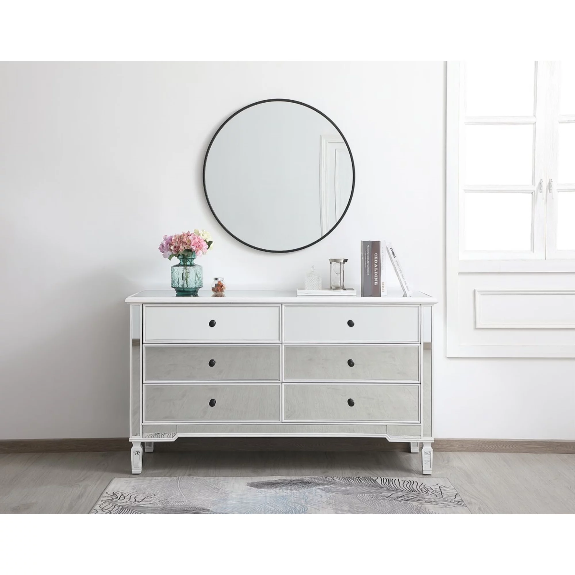 60 inch mirrored 6 drawer chest in antique white