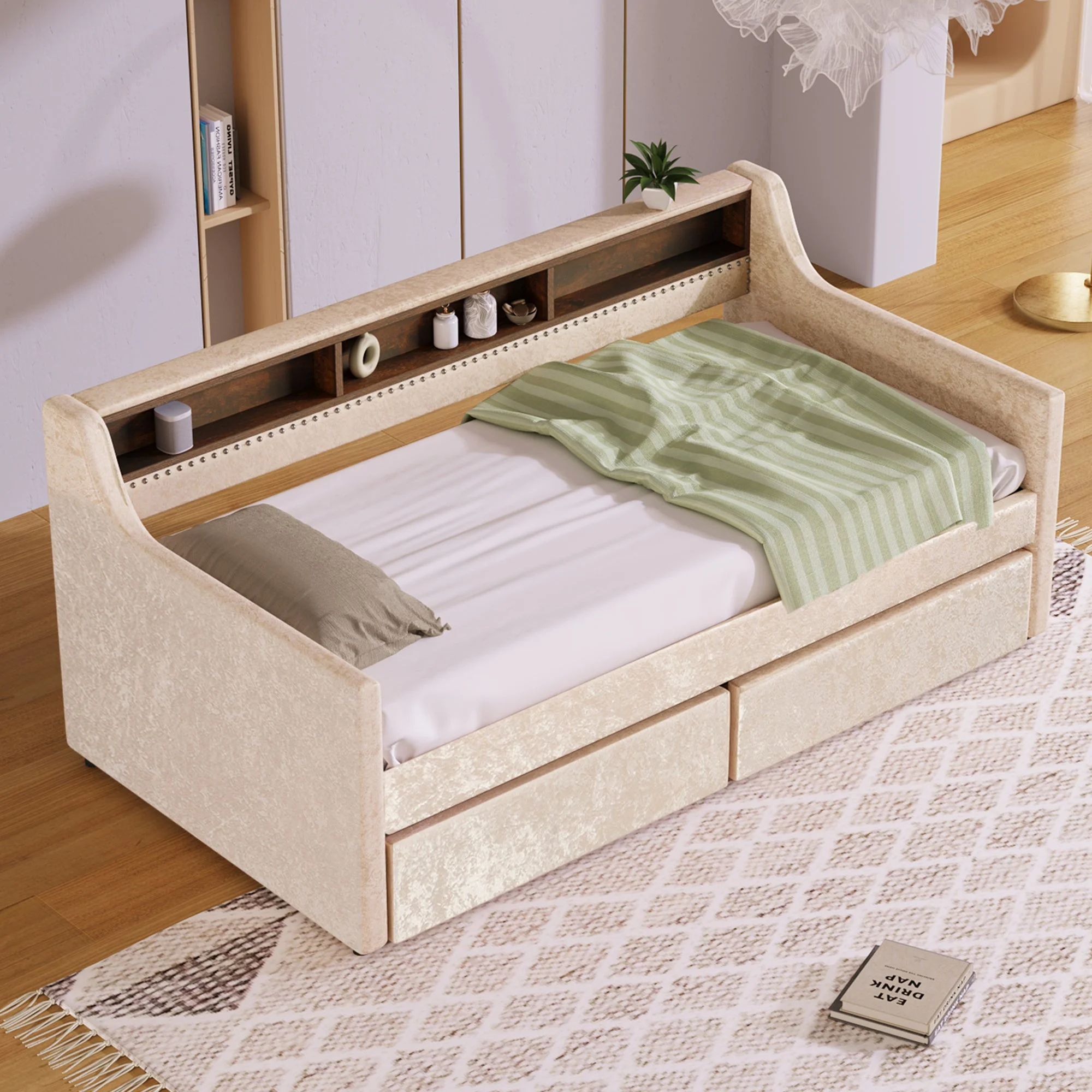 Axel Twin Size Snowflake Velvet Daybed with Drawers  - Beige