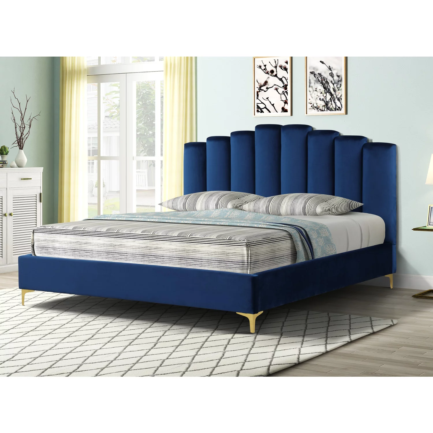Sicily Velvet Fabric Cali King Platform Bed in Blue