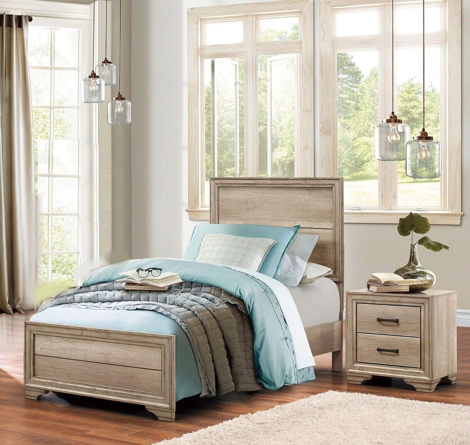 Contemporary 3pc Bedroom Set Twin Size Bed and Two Nightstands Natural Finish Bedroom Furniture