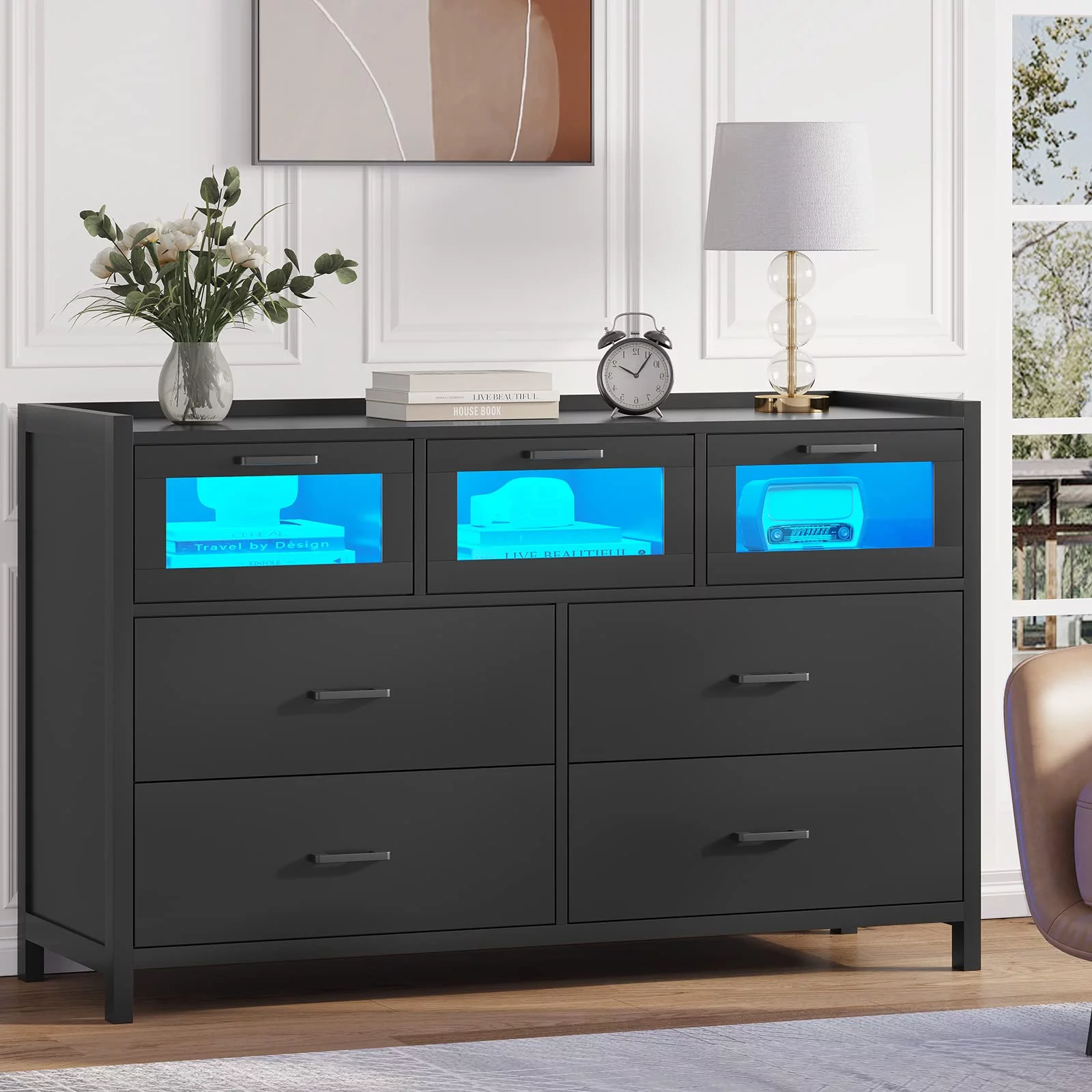 Dresser for Bedroom, 7 Drawers Dresser with LED Lights, Black