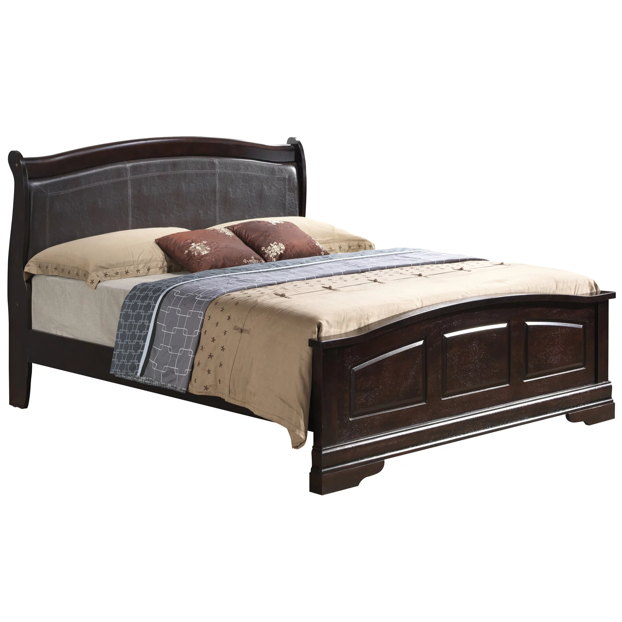 Passion Furniture  44 x 84 x 59 in. Louis Philippe Upholstered Panel Bed, Cappuccino - Full Size