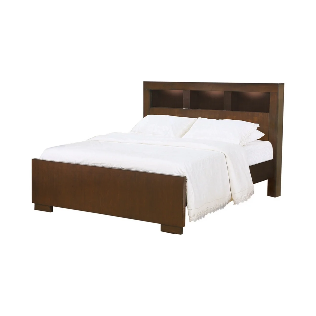 3 Open Bookcase Queen King Size Bed with Soft Light Brown- Saltoro Sherpi