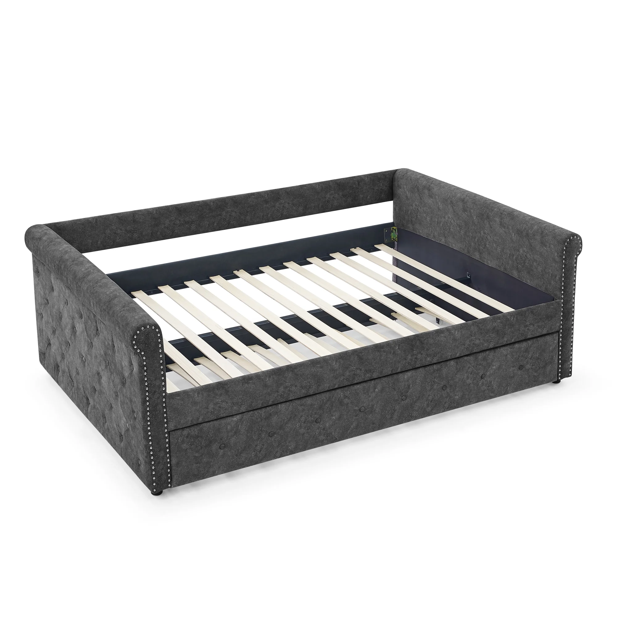 Daybed with Trundle - Upholstered Tufted Sofa Bed, Full Daybed & Twin Trundle, Grey with Button and Copper Nail on Arms (85.5
