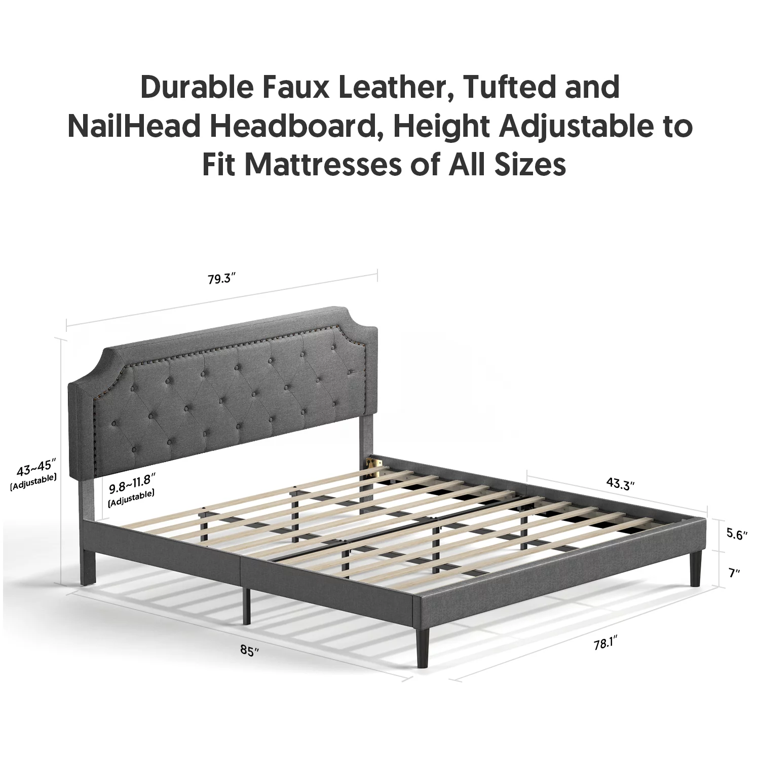 King Size Bed Frame Upholstered Low Profile Traditional Platform with Tufted and Nail Headboard/No Box Spring Needed/No Bed Skirt Needed/Linen Fabric Upholstery (Grey, King Size)