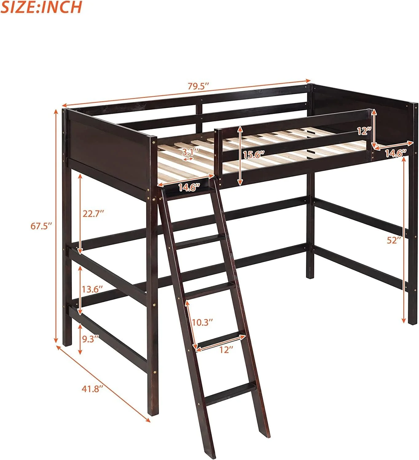 Loft Bed Frame Kids Loft Bed With Agled Ladder, Woode High Loft Bed For Tees Girls Boys, o Box Sprig eeded, Espresso