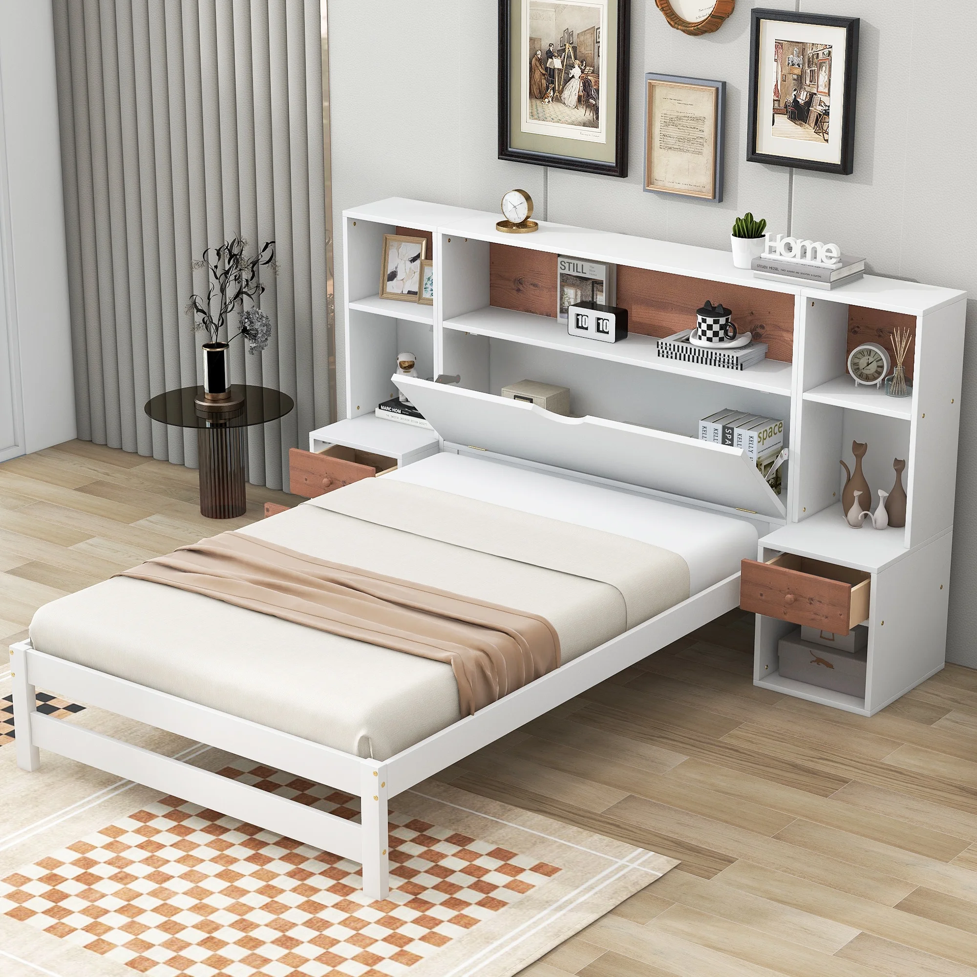 Euroco Wood Twin Size Platform Bed with Storage Shelf, Cabinet and Drawers for Kids Bedroom, White