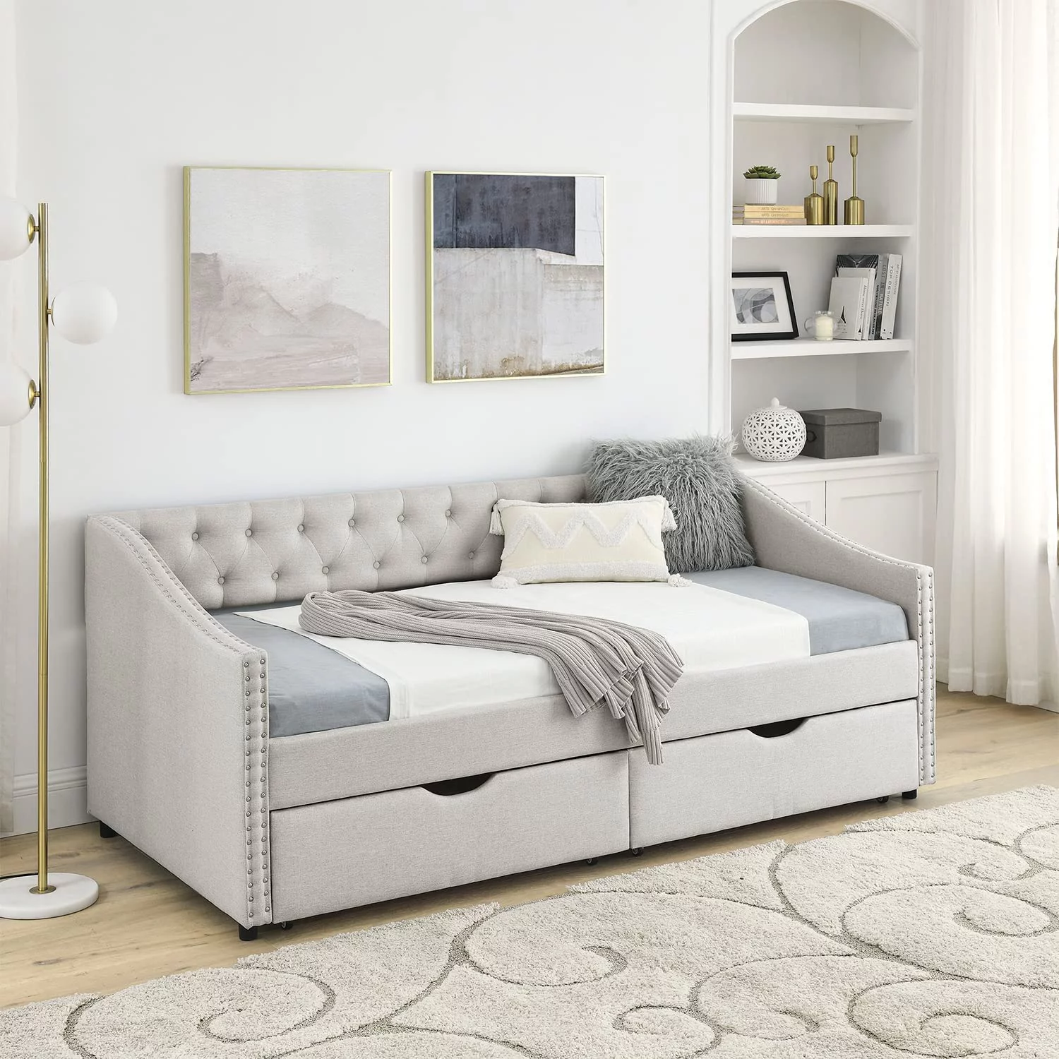 Muumblus Twin Size Kids Daybed with Drawers, Modern Upholstered Tufted Sofa Bed for Bedroom & Living Room, Button Back and Waved Shape Arms,Beige