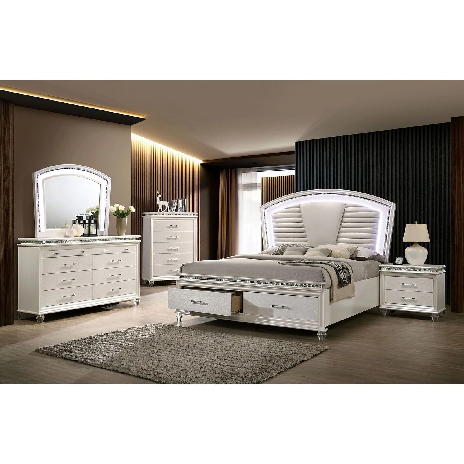 Antique Contemporary Pearl White 4pc Bedroom California King Size Bed Set Dresser Mirror Nightstand Bedroom Furniture Padded HB