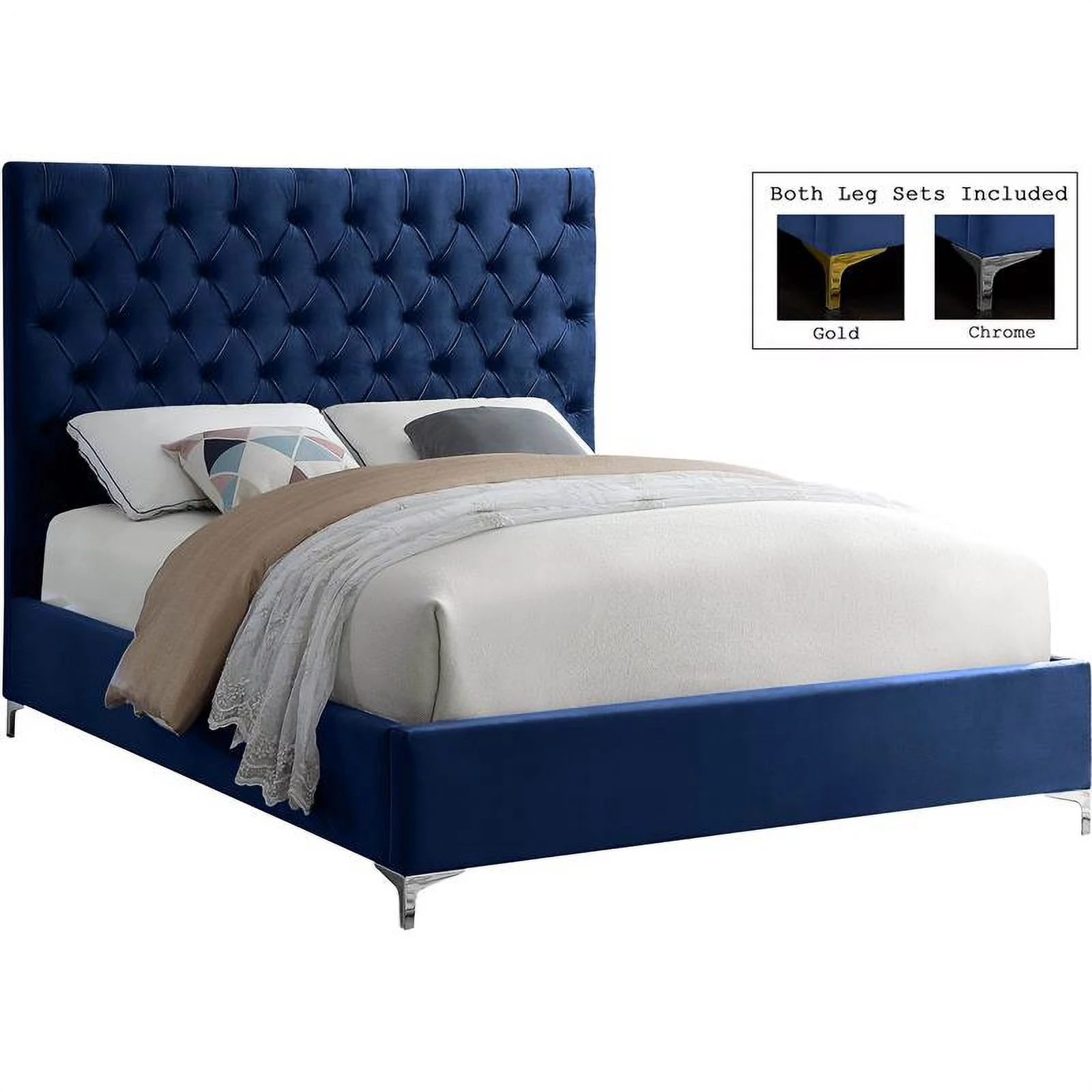 Meridian Furniture Cruz Solid Wood Tufted Velvet Full Bed in Navy
