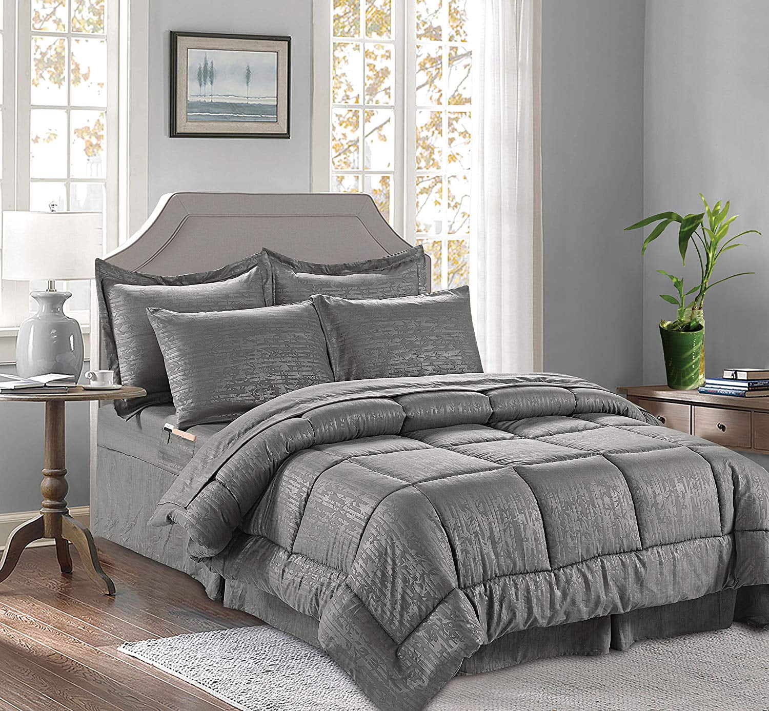 8-Piece Bed-In-A-Bag Comforter - Silky Soft Bamboo Design Comforter ,Bed Sheet Set ,With Double Sided Storage Pockets, King/Cal King, Gray