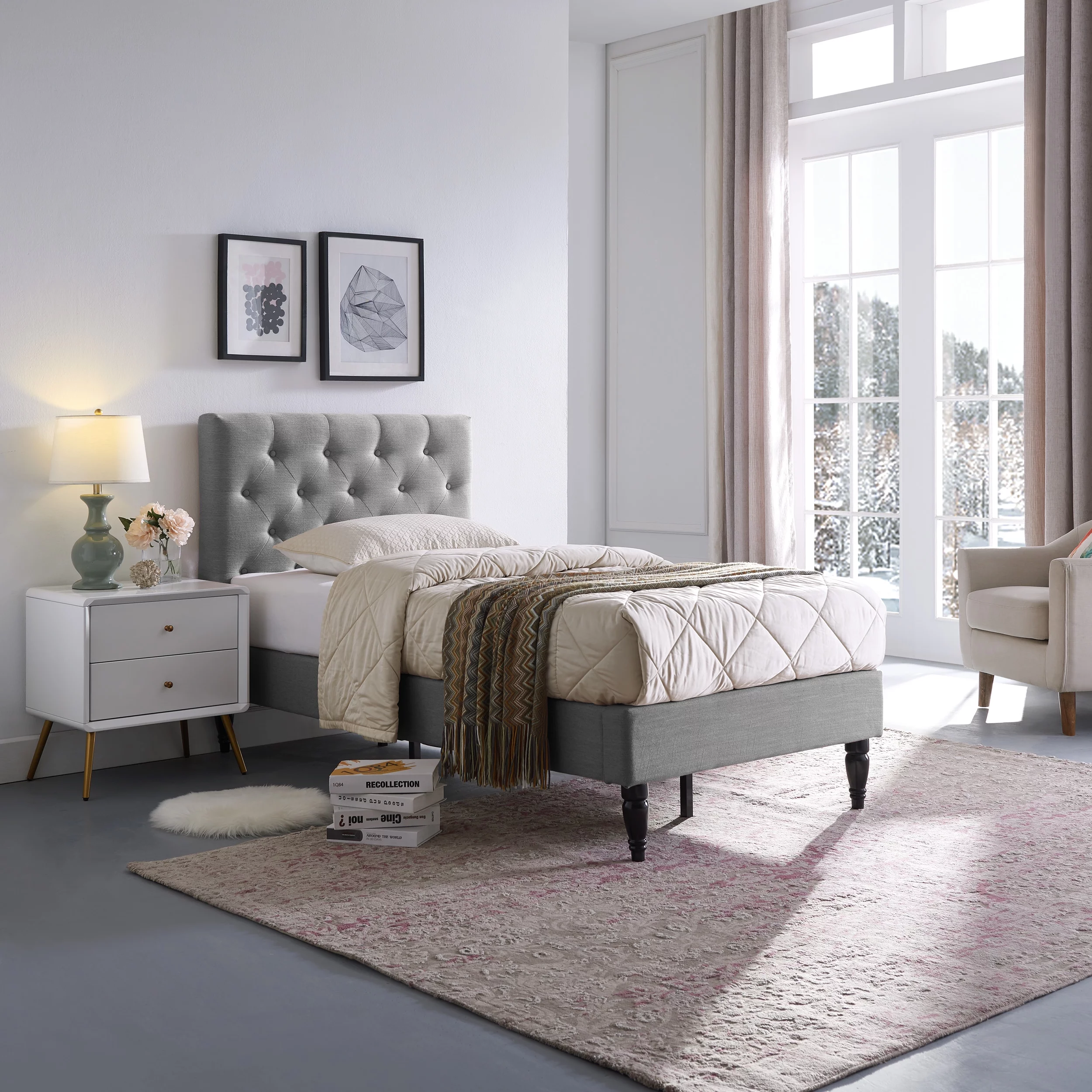 GDF Studio Vallarta Contemporary Fabric Upholstered Tufted Bed, Charcoal Gray and Black Twin