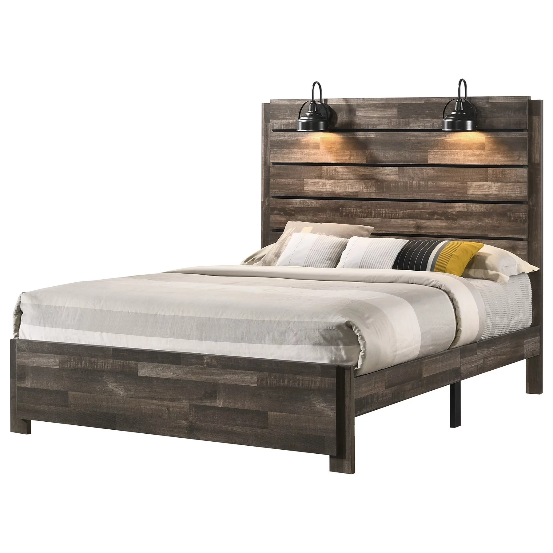 Contemporary Rustic Brown Finish Queen Size 1Pc Panel Bed Built in Lighting Bedroom Wooden Furniture