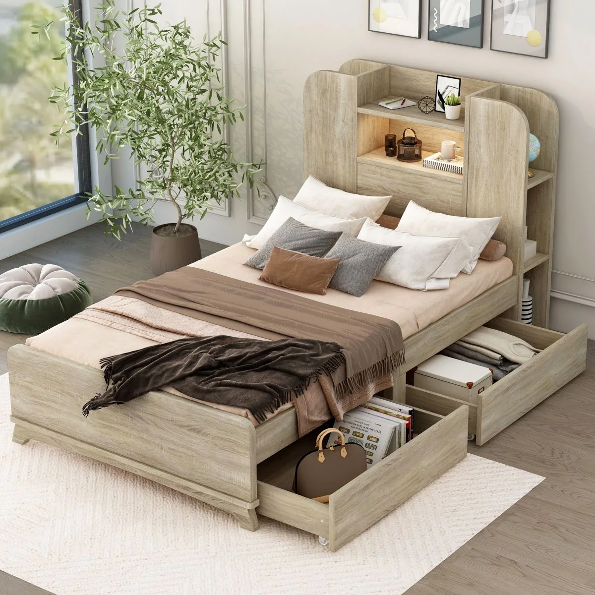 Twin Size Solid Wood Bed Frame with Two Drawers and Light Strip Design in Headboard, Platform Bed Frame, Mid Century Bedframe, Wood Foundation(Natural, Twin)