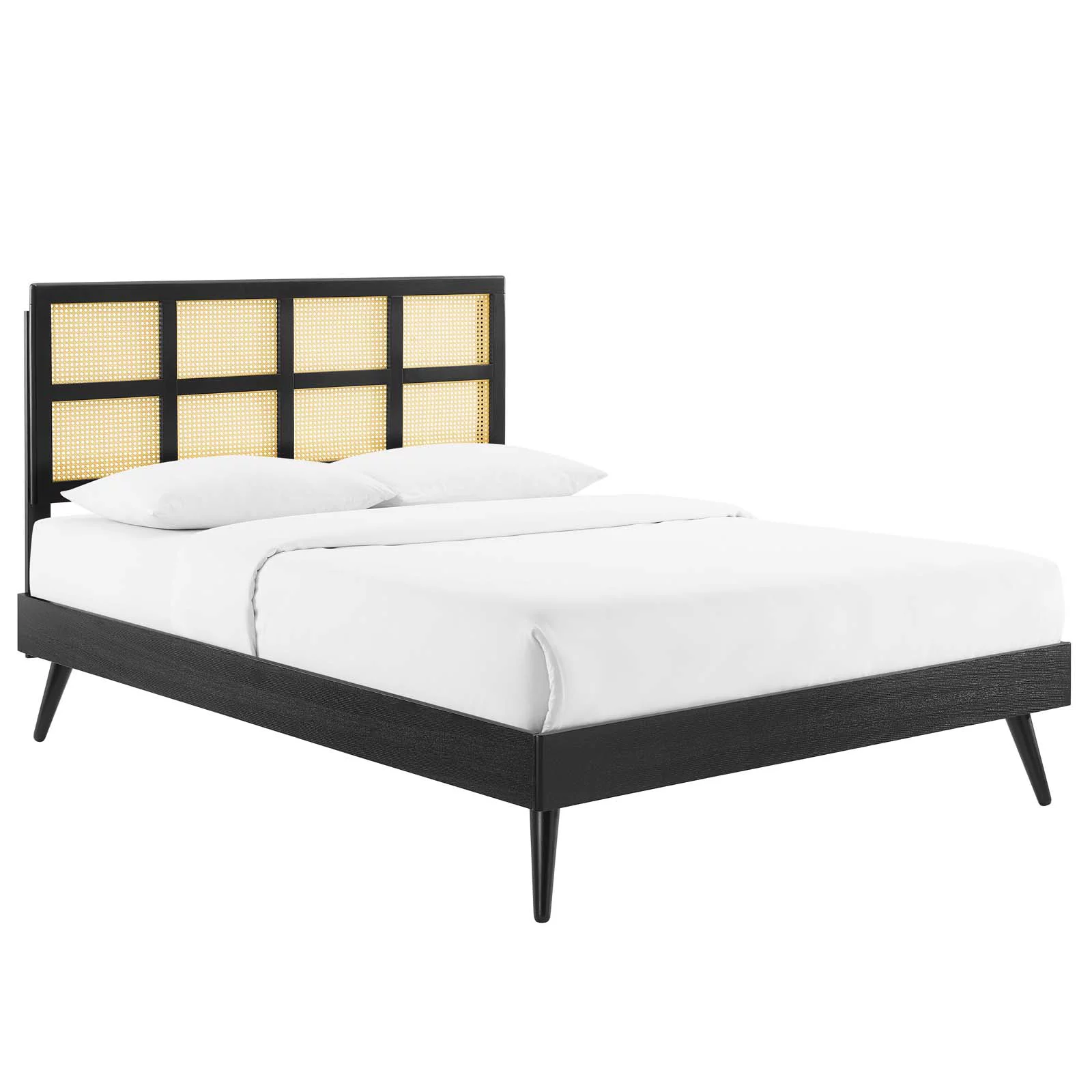 Modway Sidney Cane and Wood King Platform Bed With Splayed Legs in Black