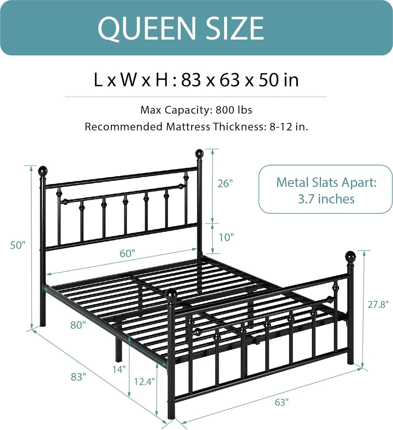 YOJFOTOOU. Queen Size Metal Platform Bed Frame/Victorian Style Iron-Art Headboard and Footboard / 14 Inches Mattress Foundation for Storage/No Box Spring Needed/Easy Assembly/Black