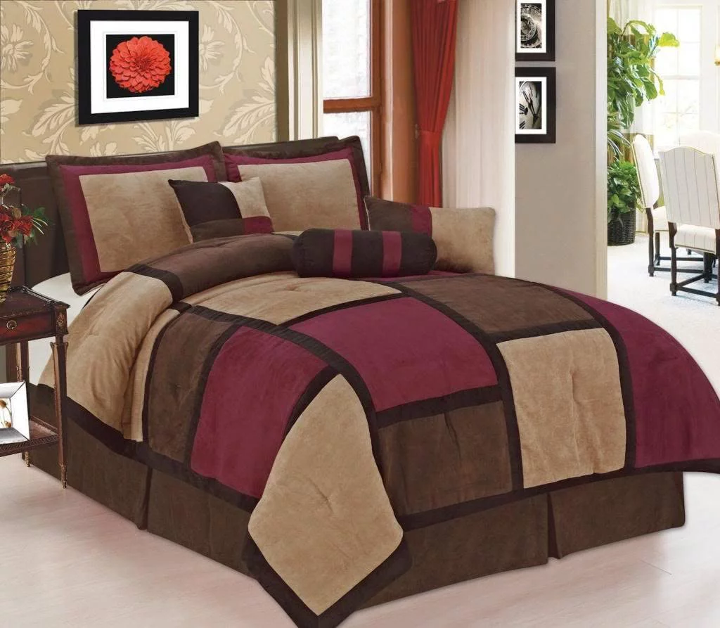 Legacy Decor 7 piece Burgundy, Brown and Beige Micro Suede Patchwork Comforter Set Machine Washable King Size, Bed-in-a Bag