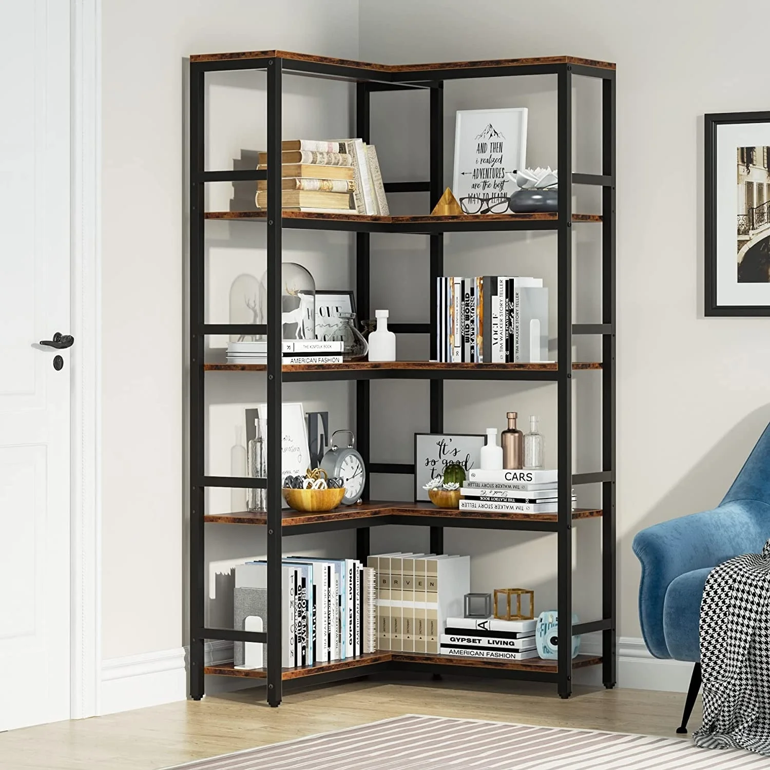 Industrial Corner Bookshelf, Large Corner Etagere Bookcase for Living Room Home Office, Rustic Brown (5-Tier/7-Tier) Brown 5-Tier 5