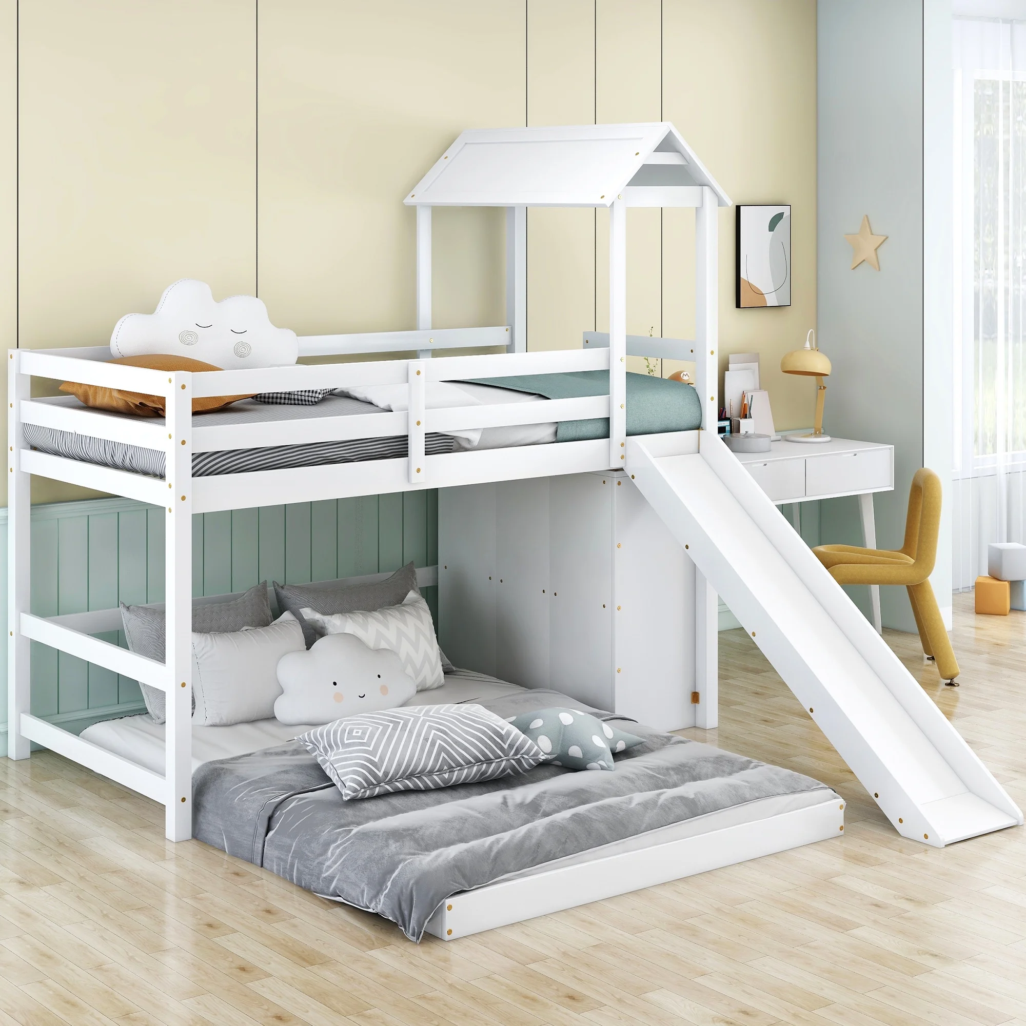 EUROCO Twin over Full House Bunk Bed with Slide and Functional Cabinet, Moveable Lower Full Bed for Kids Teens Adults, Storeage Shelf and 4 Big Drawers, White