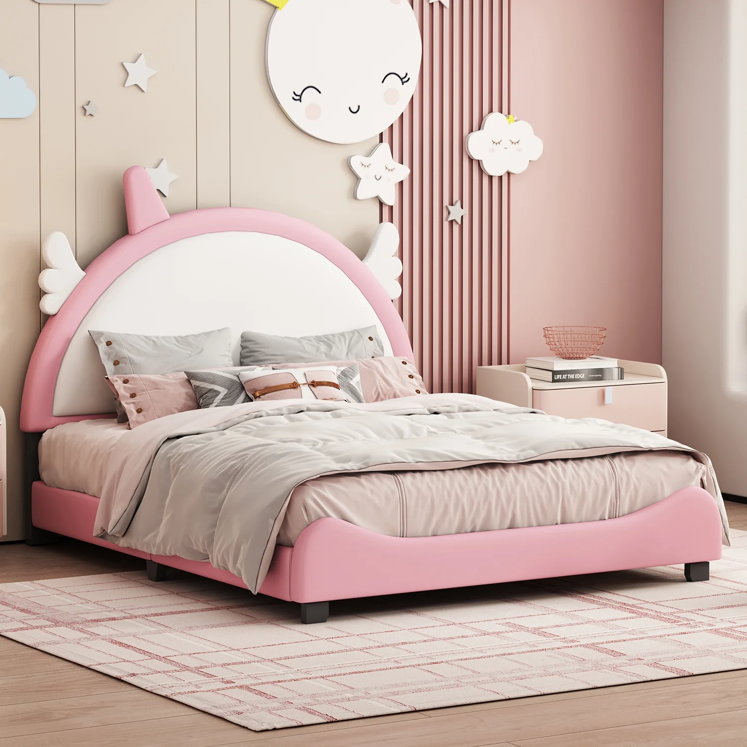 Churanty Full size Princess Bed with Unicorn Shape Headboard,PU Leather Pink Full Platform Bed Frame for Kids Bedroom