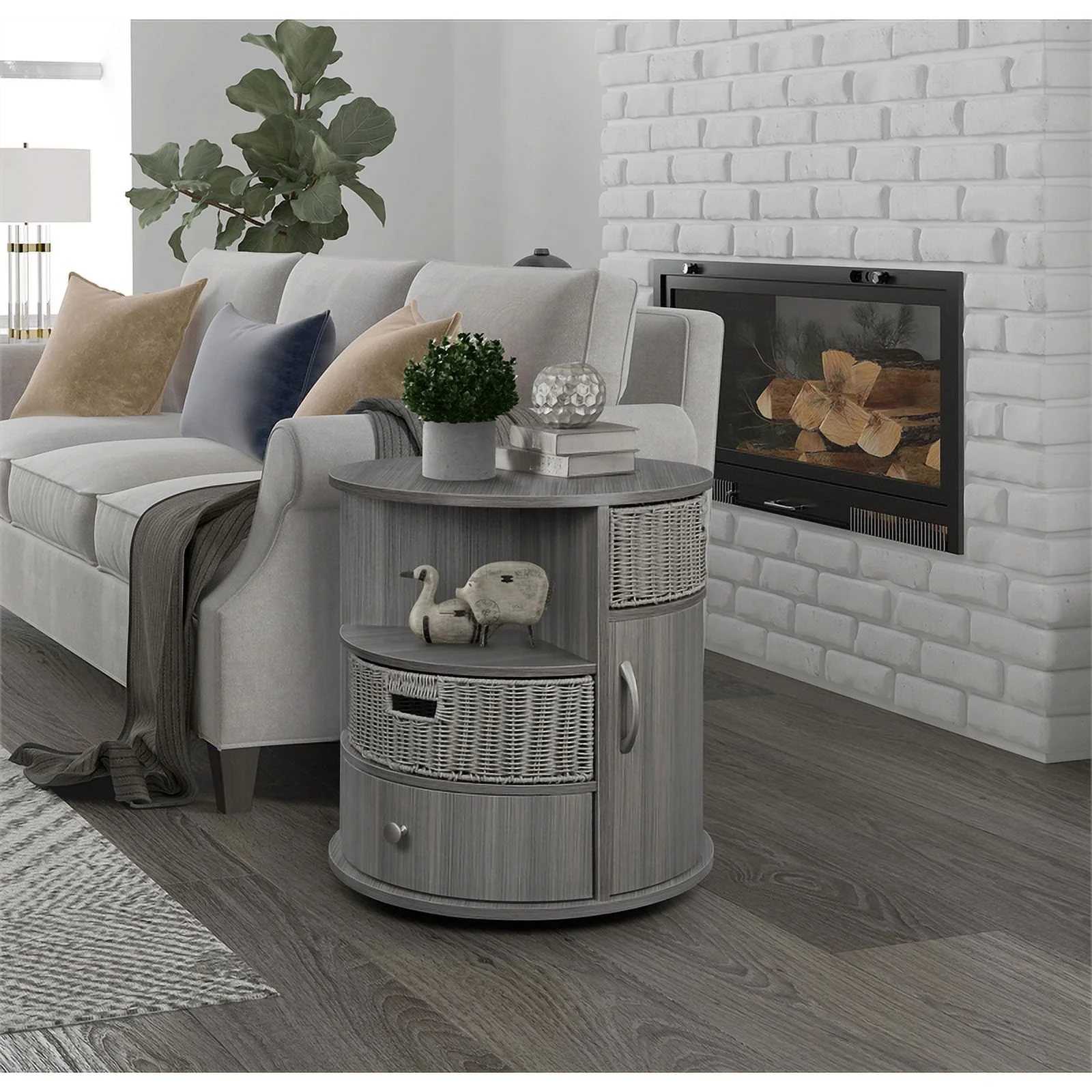 Gallerie Decor All-In-One Round Transitional Wood Side Table in Gray