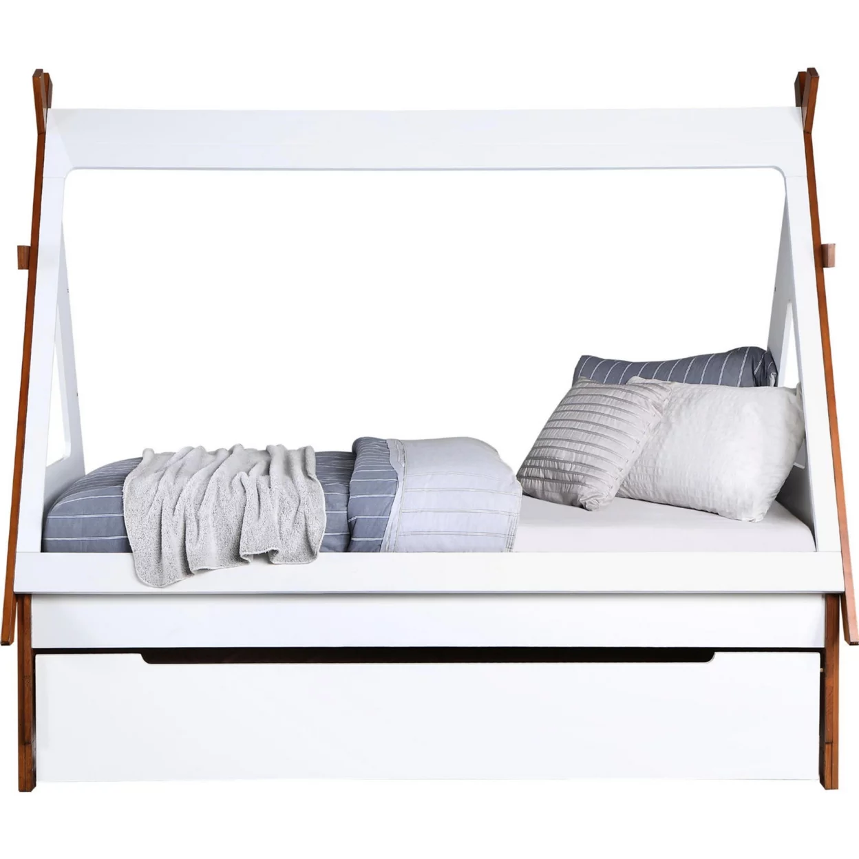 Modern Wood Twin Bed, House Shaped Bed Frame, Slat System, Brown, White- Saltoro Sherpi