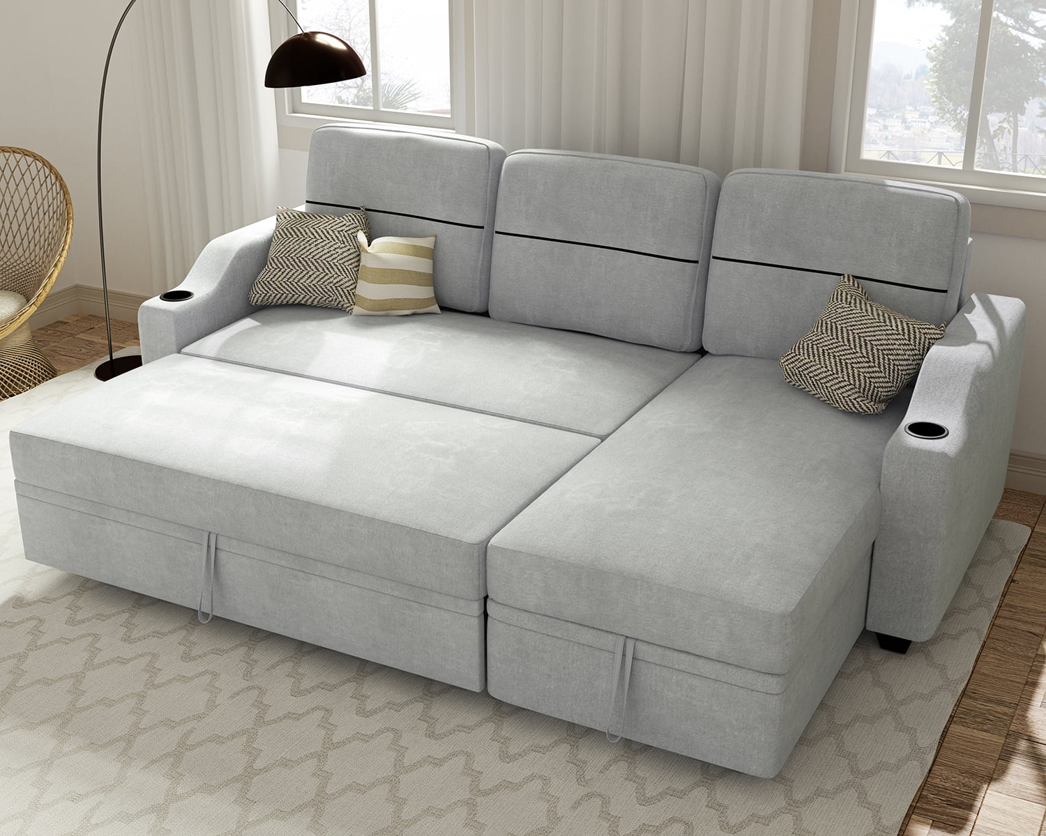 Ucloveria Pull Out Sectional Sofa Bed with Storage Chasie, Cup Holder. 82'' Modern L-Shape Living Room Couch Sofa