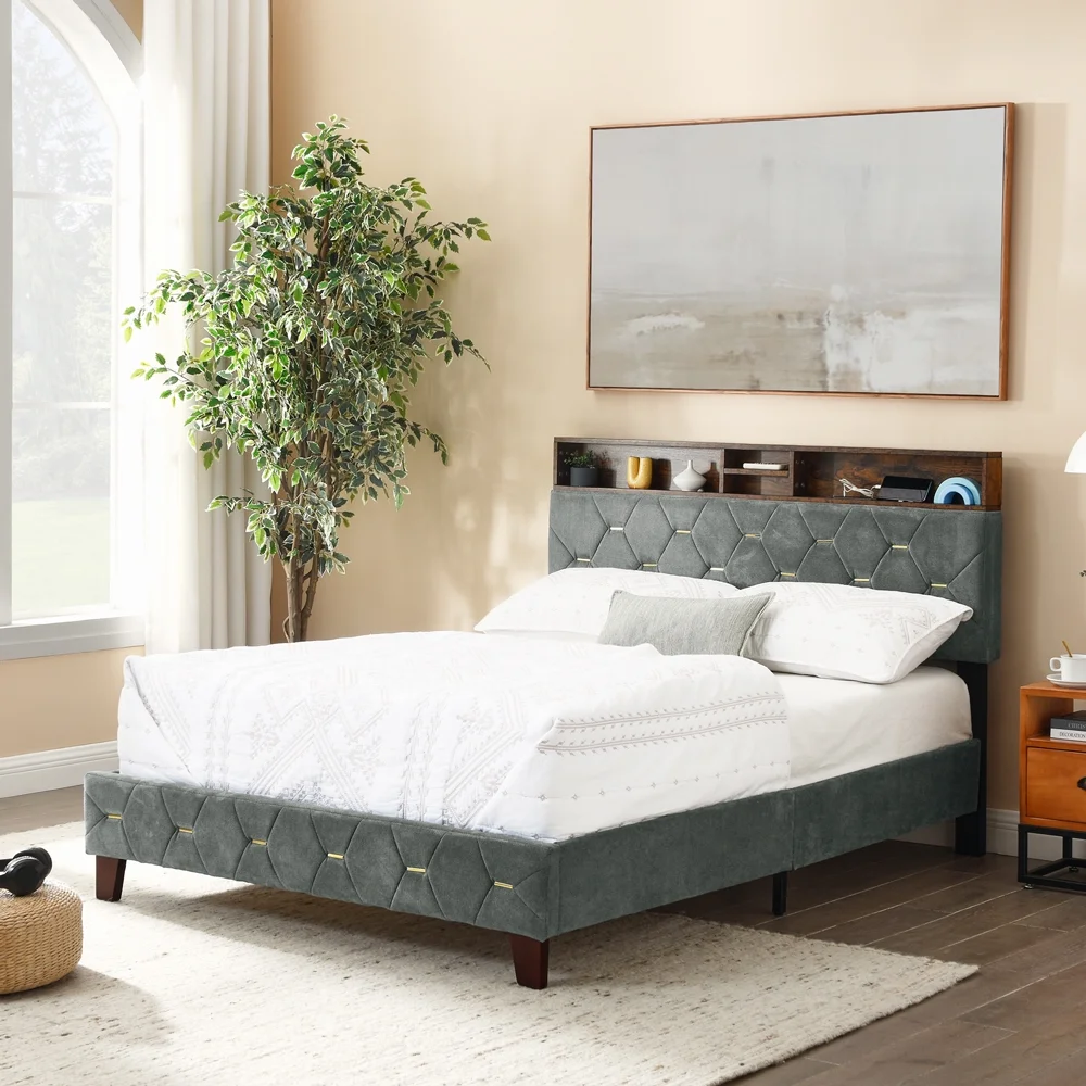 Yone jx je Full Bed Frame with USB Ports and Outlets, Upholstered Platform Bed with Storage Headboard, Queen Size with Shelf Headboard, 12 Wood Slats, No Box Spring Needed, Dark Grey