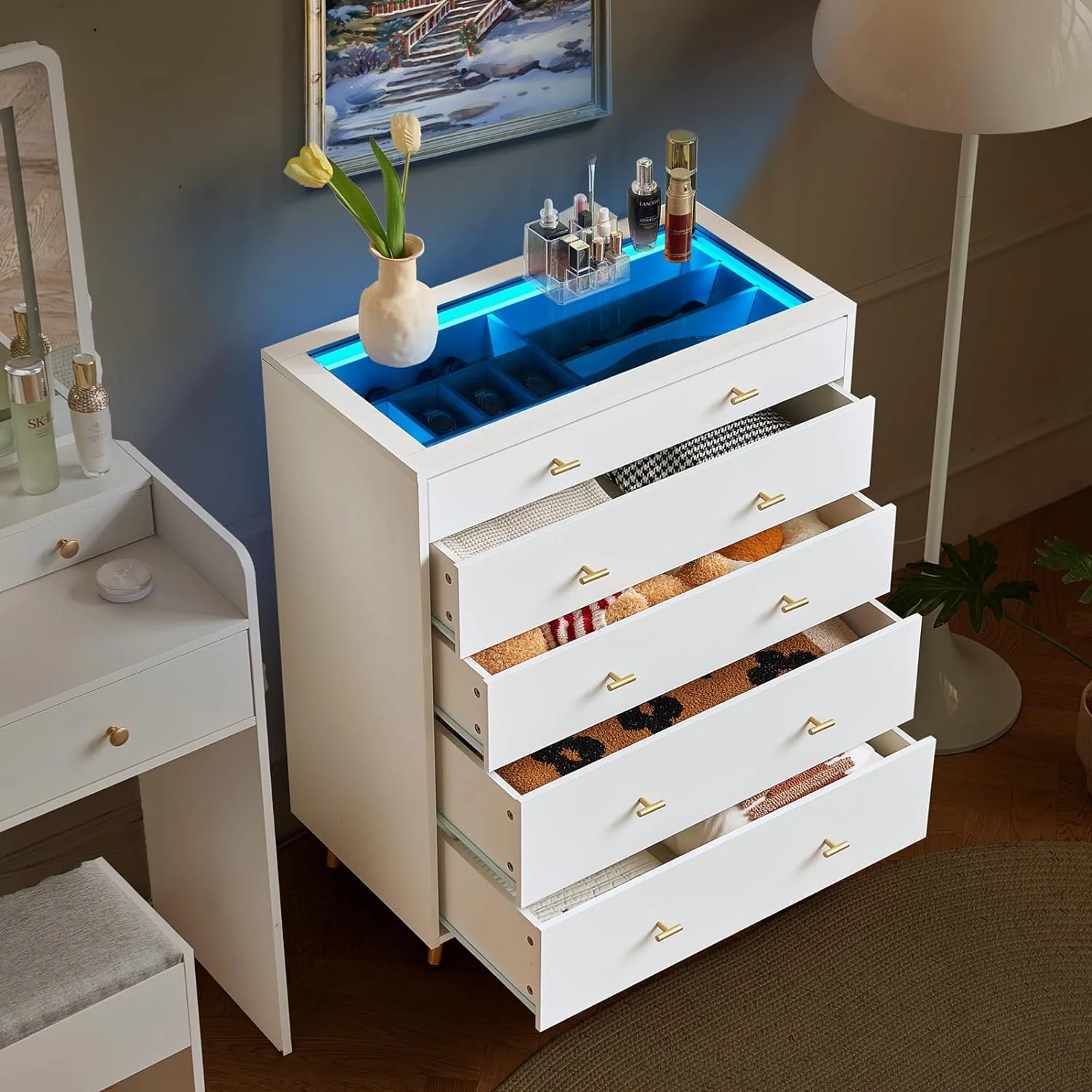 Dresser for Bedroom with 5 Drawers, Chest of Drawers with Brown Glass Top Panel, Organizer Unit for Bedroom, Living Room, Laundry, 20 Color and 21 Dynamic Mode,White