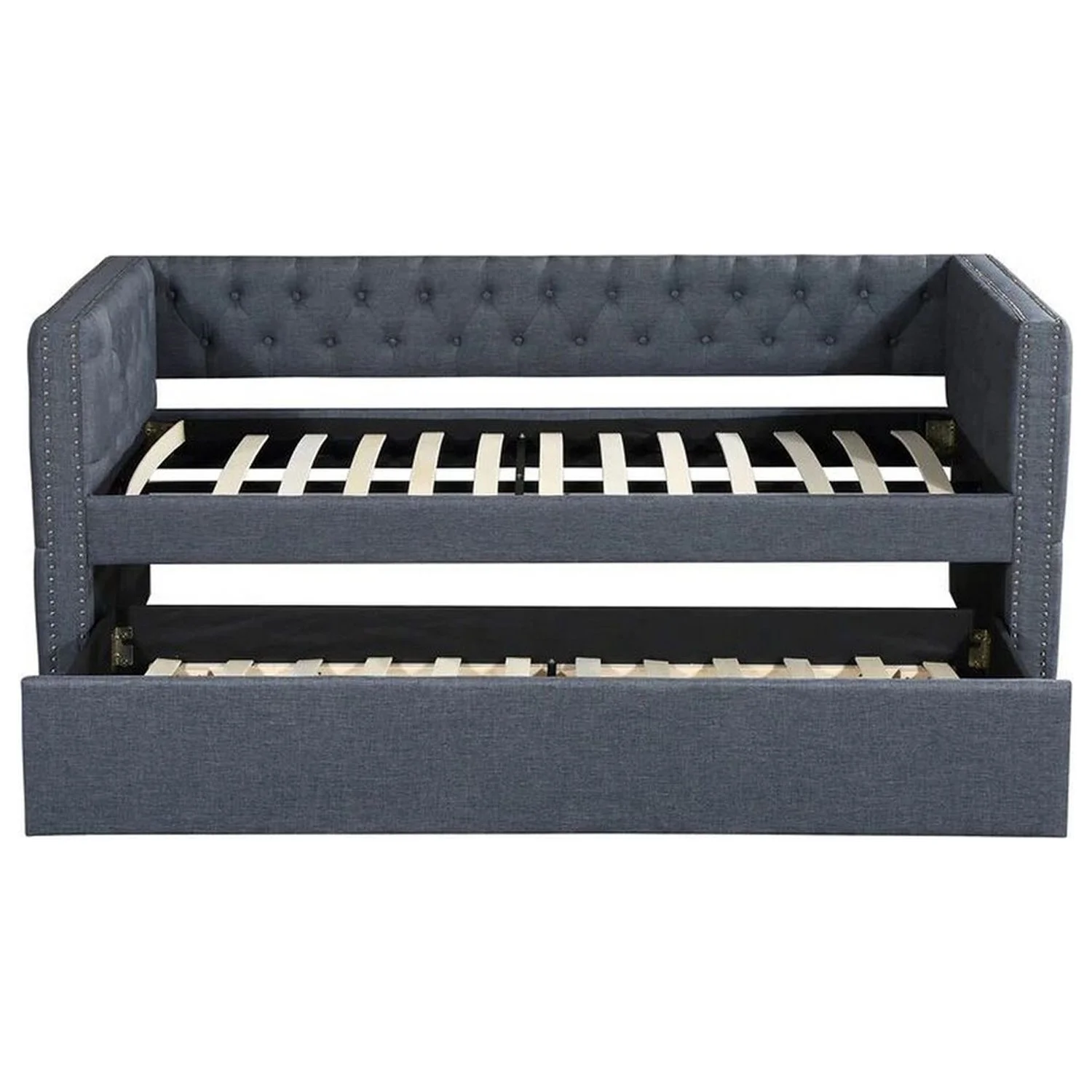 Benjara Trace Trundle Daybed, Gray Fabric Upholstery, Chesterfield, Nailhead Trim