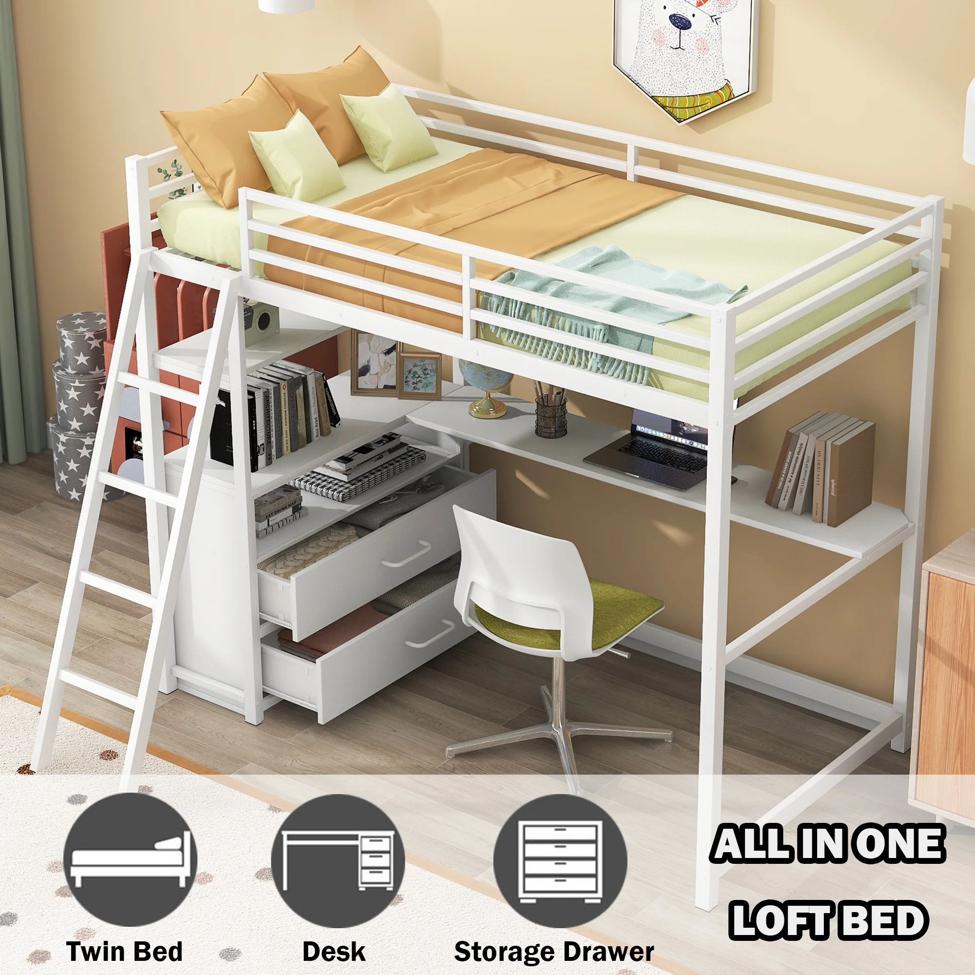 Bellemave Twin Loft Bed with Desk and Storage Metal Loft Bed Frame with Drawers and Shelves Space Saving All-in-One Loft Bed for Work and Study Twin Loft Bed for Kids, Student, Teens, White