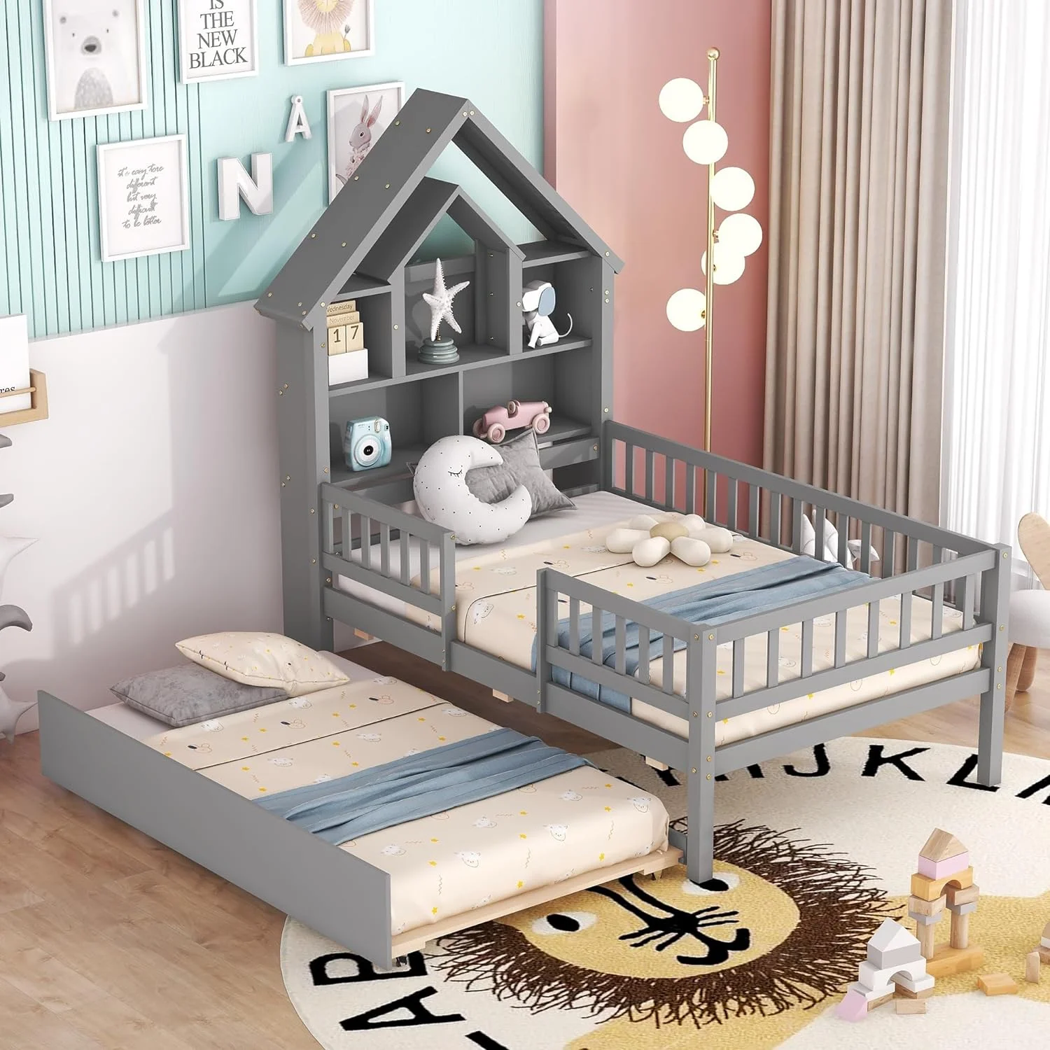 Size House Bed With Bookcase Headboard, Wooden Kids Bed Frame With Fence Guardrails And Trundle, Trundle Bed With Bookcase Shelves For Girls Boys,Grey
