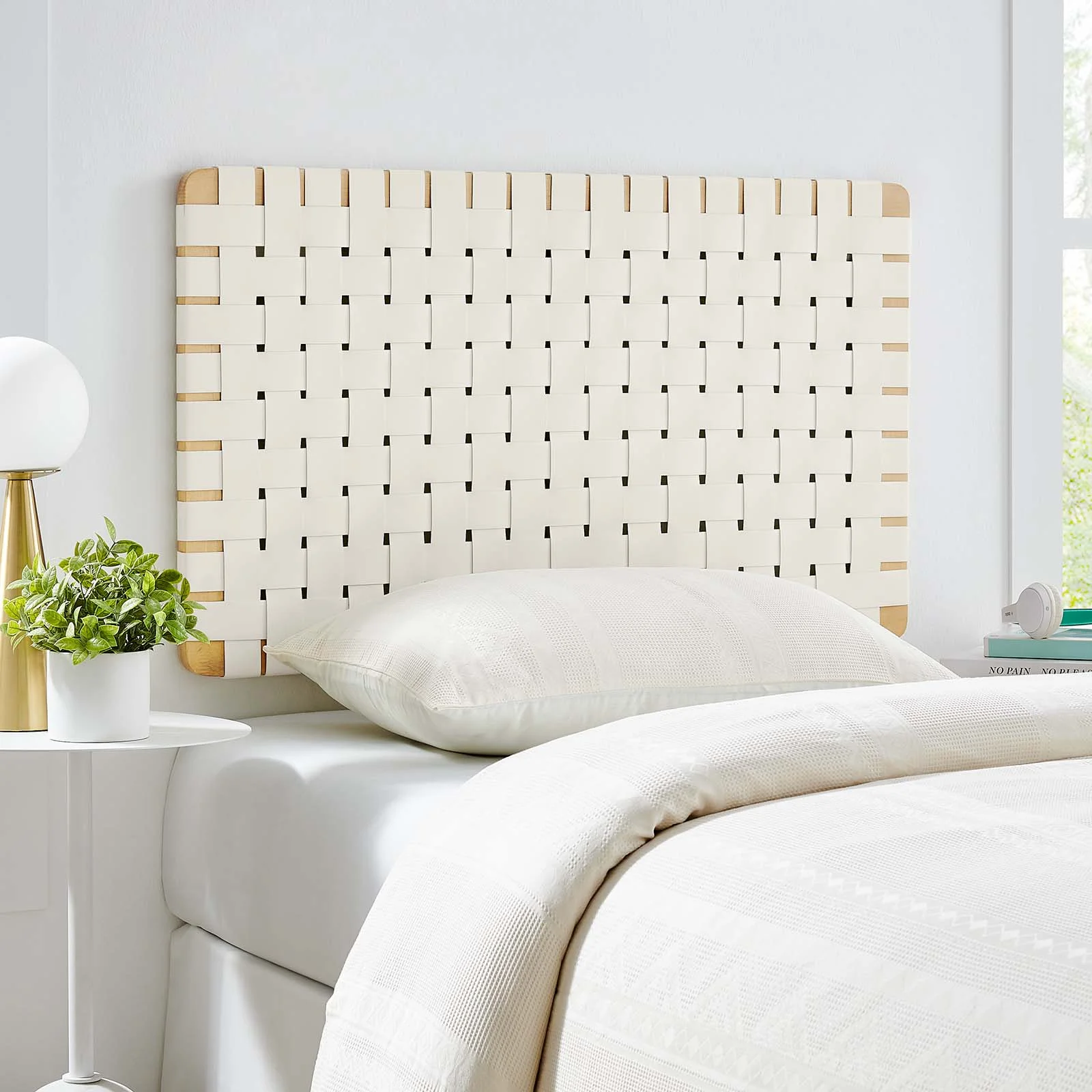 Modway Sparta Weave Wall-Mount Twin Vegan Leather Headboard in Natural Beige
