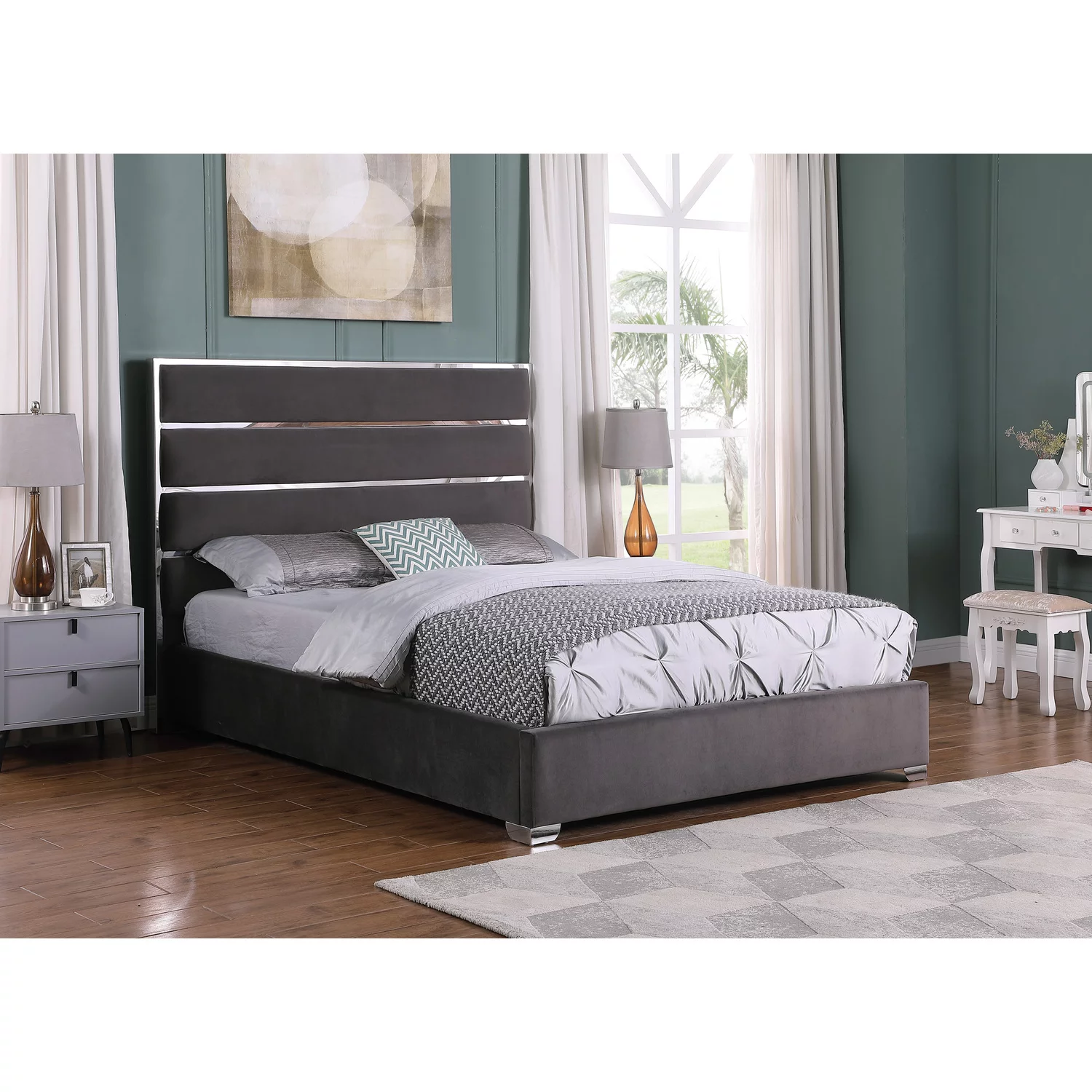 Josephine Velvet Upholstered King Platform Bed in Dark Gray