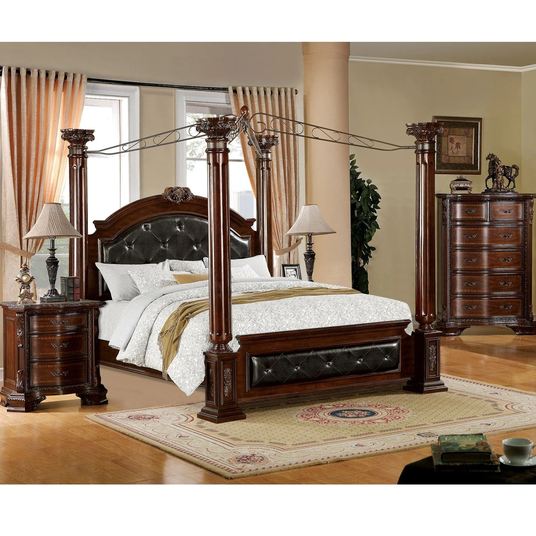 Furniture of America Tage Traditional Brown Wood Tufted Canopy 2-Piece Bedroom Set by Queen